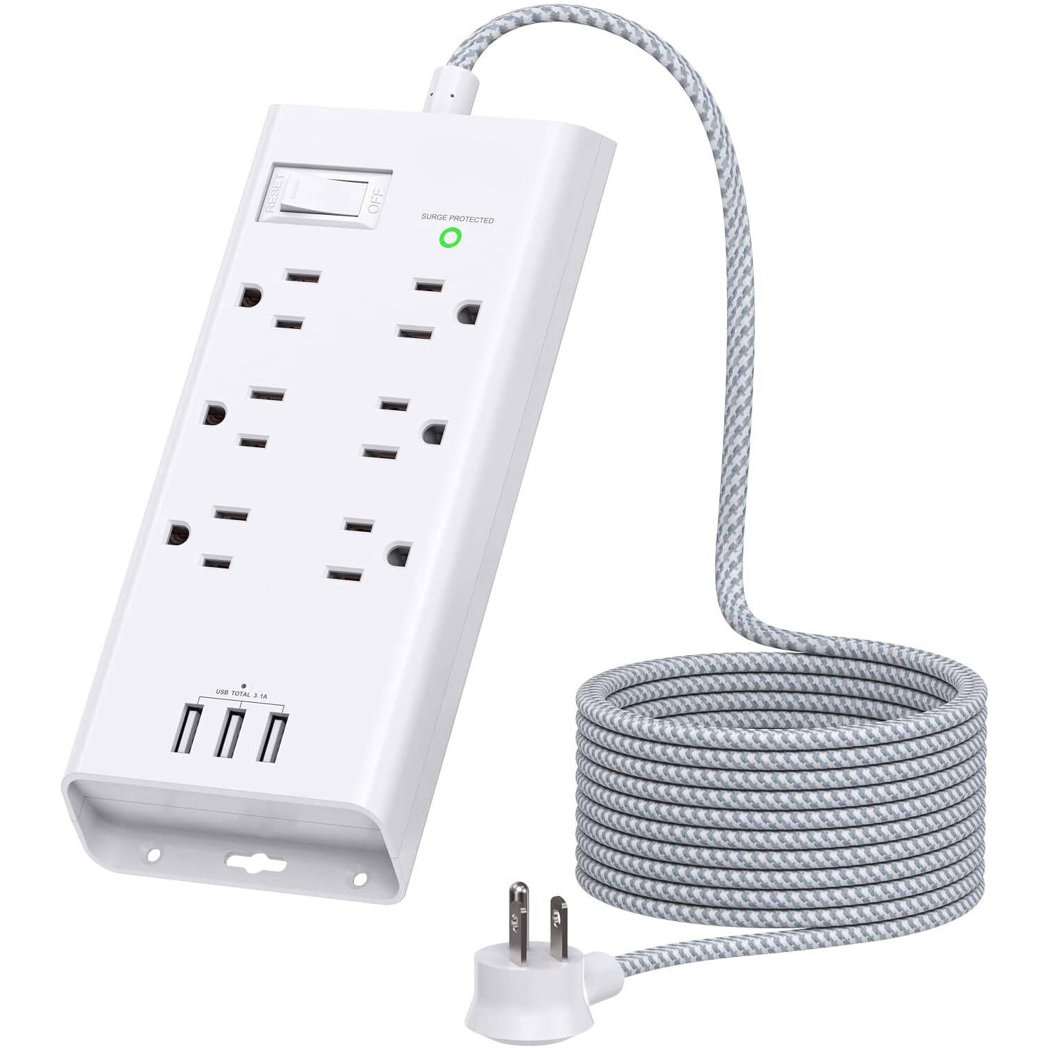 Parasurtenseur à barre d'alimentation, rallonge longue de 10ft pi avec 6 prises et 3 ports USB, barre de protection contre les surtensions à fiche