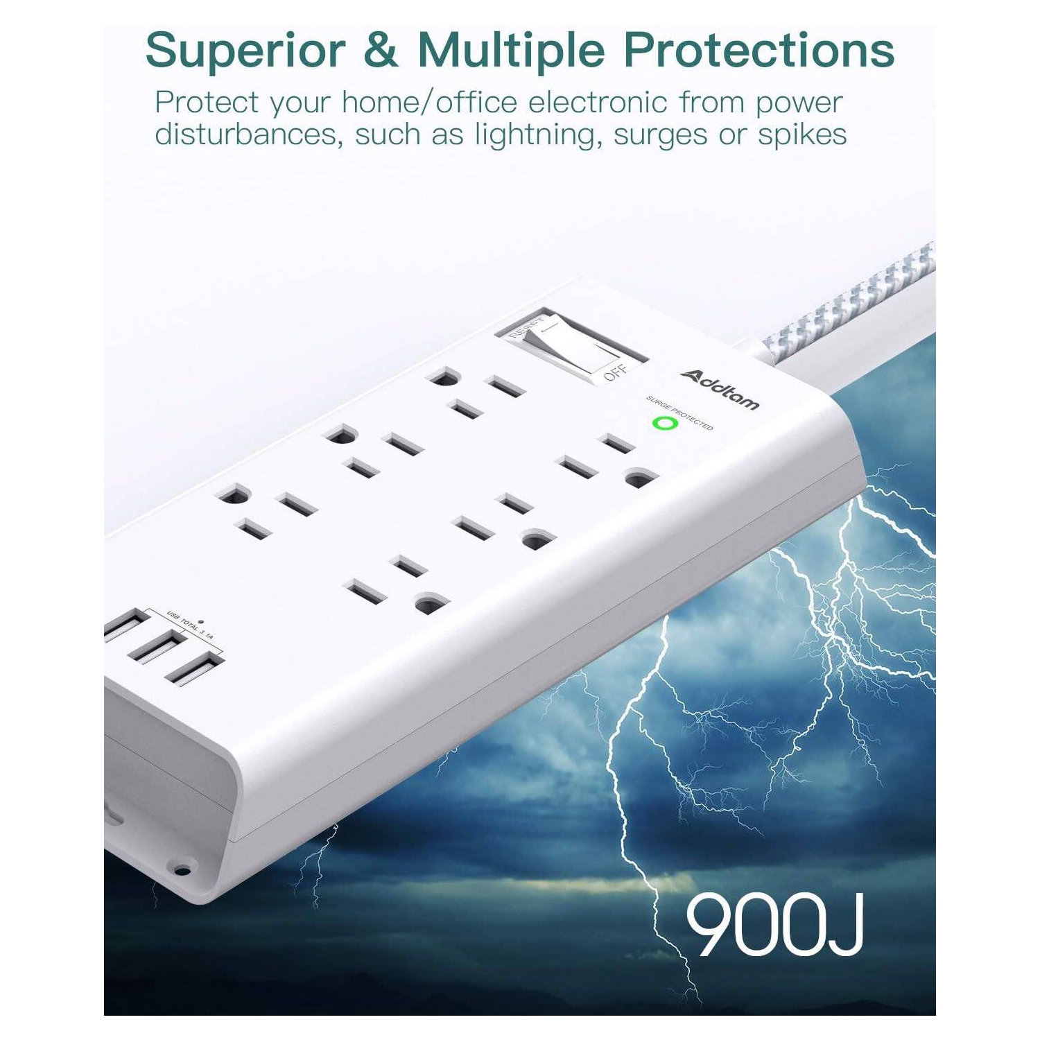 Parasurtenseur à barre d'alimentation, rallonge longue de 10ft pi avec 6 prises et 3 ports USB, barre de protection contre les surtensions à fiche
