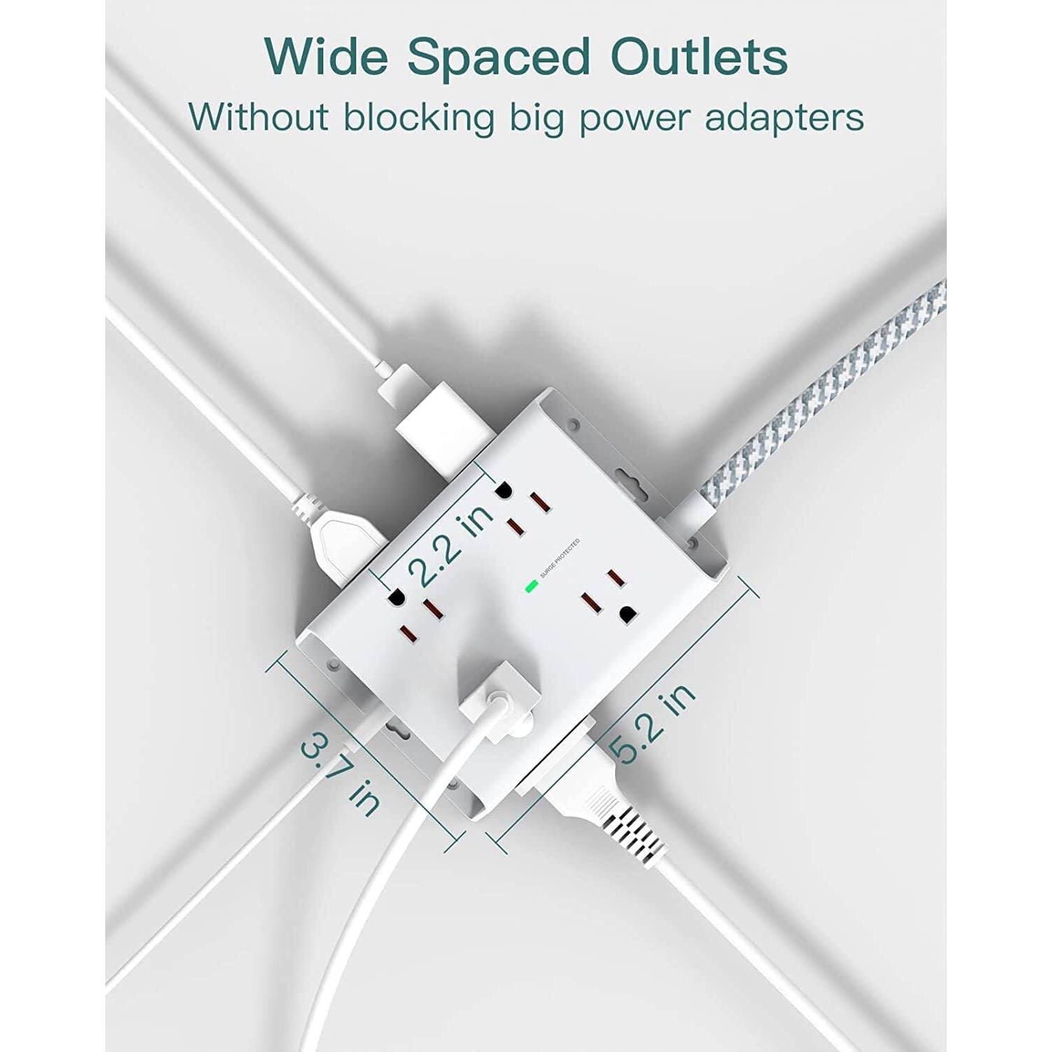 Surge Protector Power Bar, 8 Widely Outlets with 4 USB Ports(1 USB C Outlet), 3-Side Outlet Extender Strip with 5Ft Extension Cord, Flat Plug, Wall