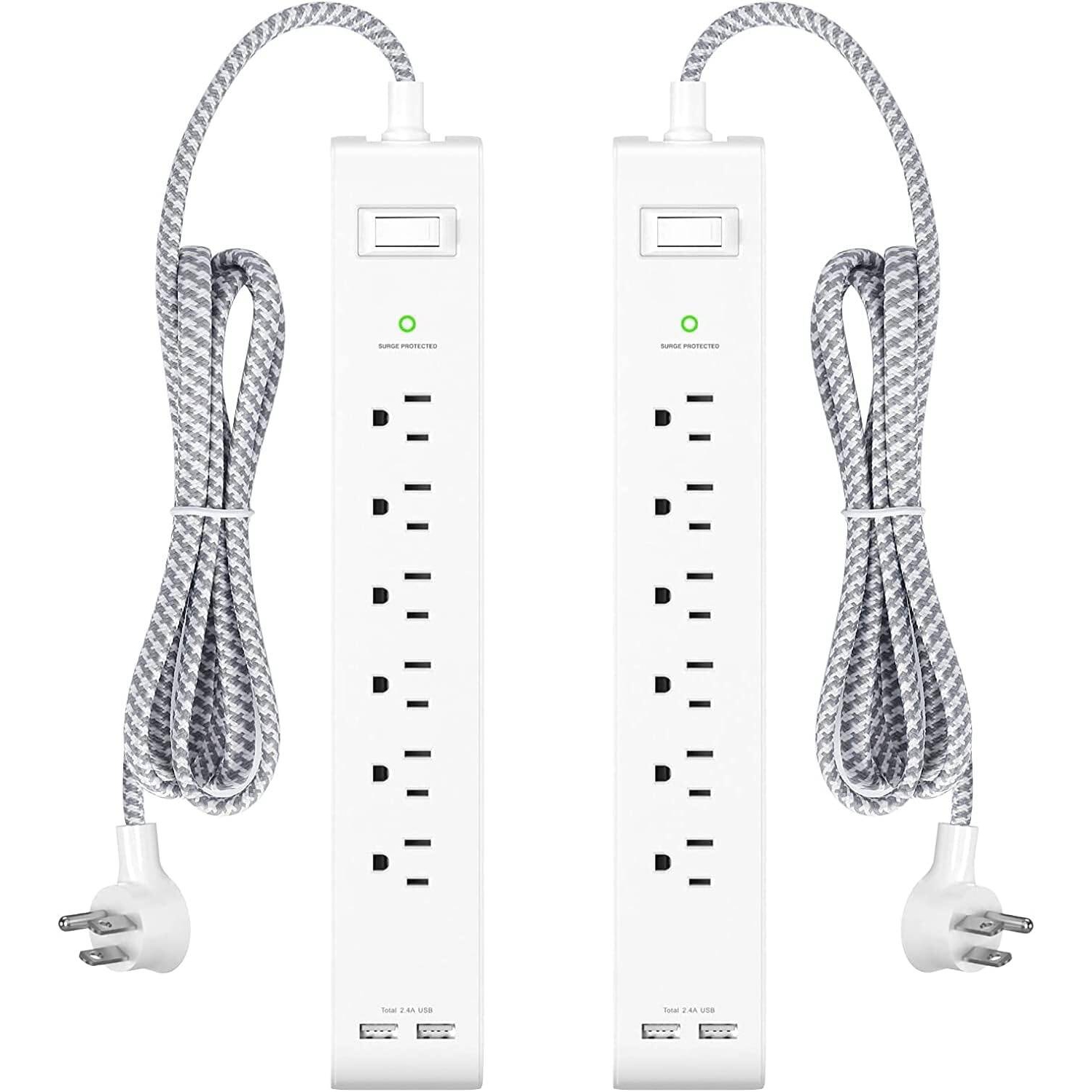 Paquet de 2 barres d'alimentation, rallonge avec 6 prises, 2 ports USB, parasurtenseurs, rallonges tressées robustes, montage mural 15&nbsp;A, ETL