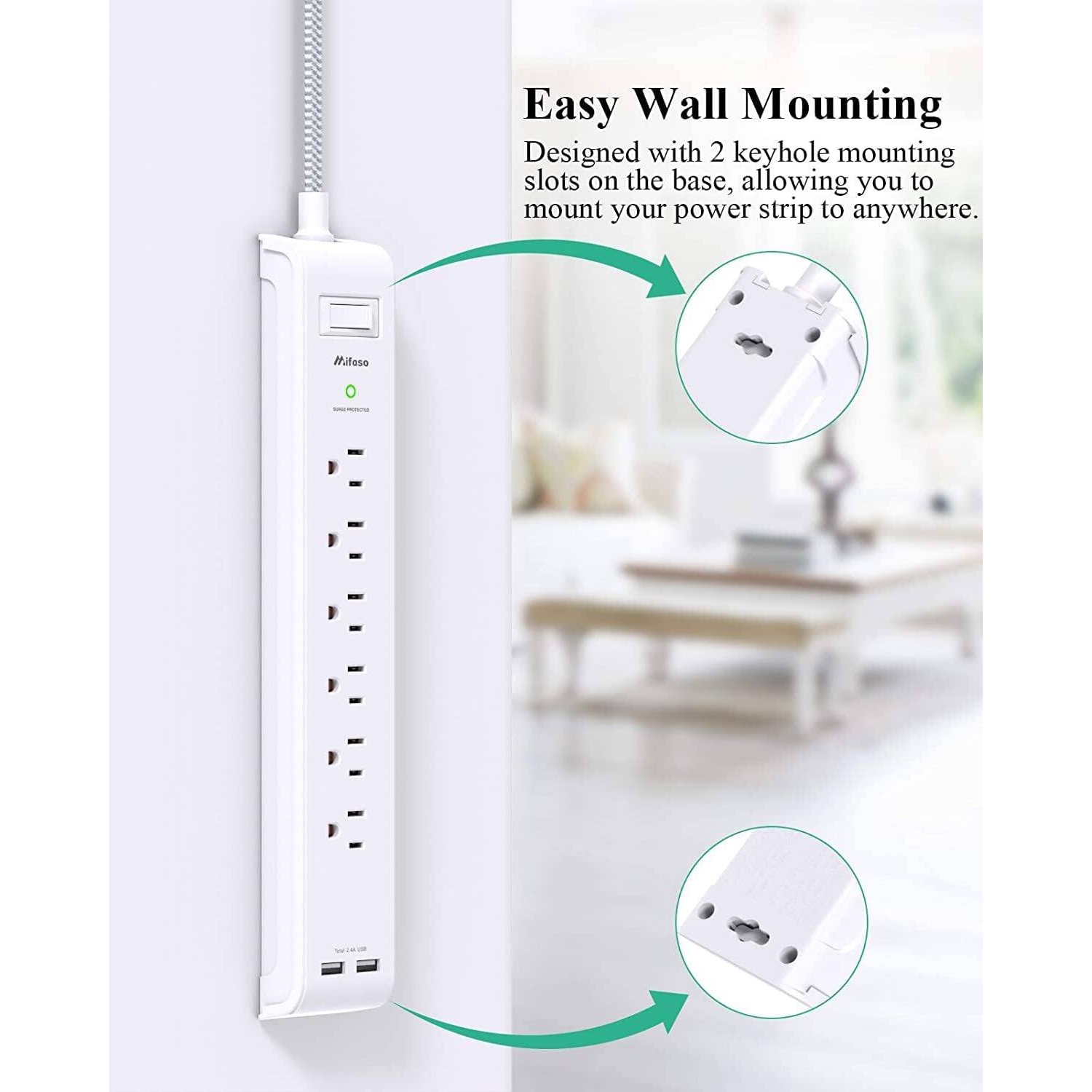 Paquet de 2 barres d'alimentation, rallonge avec 6 prises, 2 ports USB, parasurtenseurs, rallonges tressées robustes, montage mural 15&nbsp;A, ETL