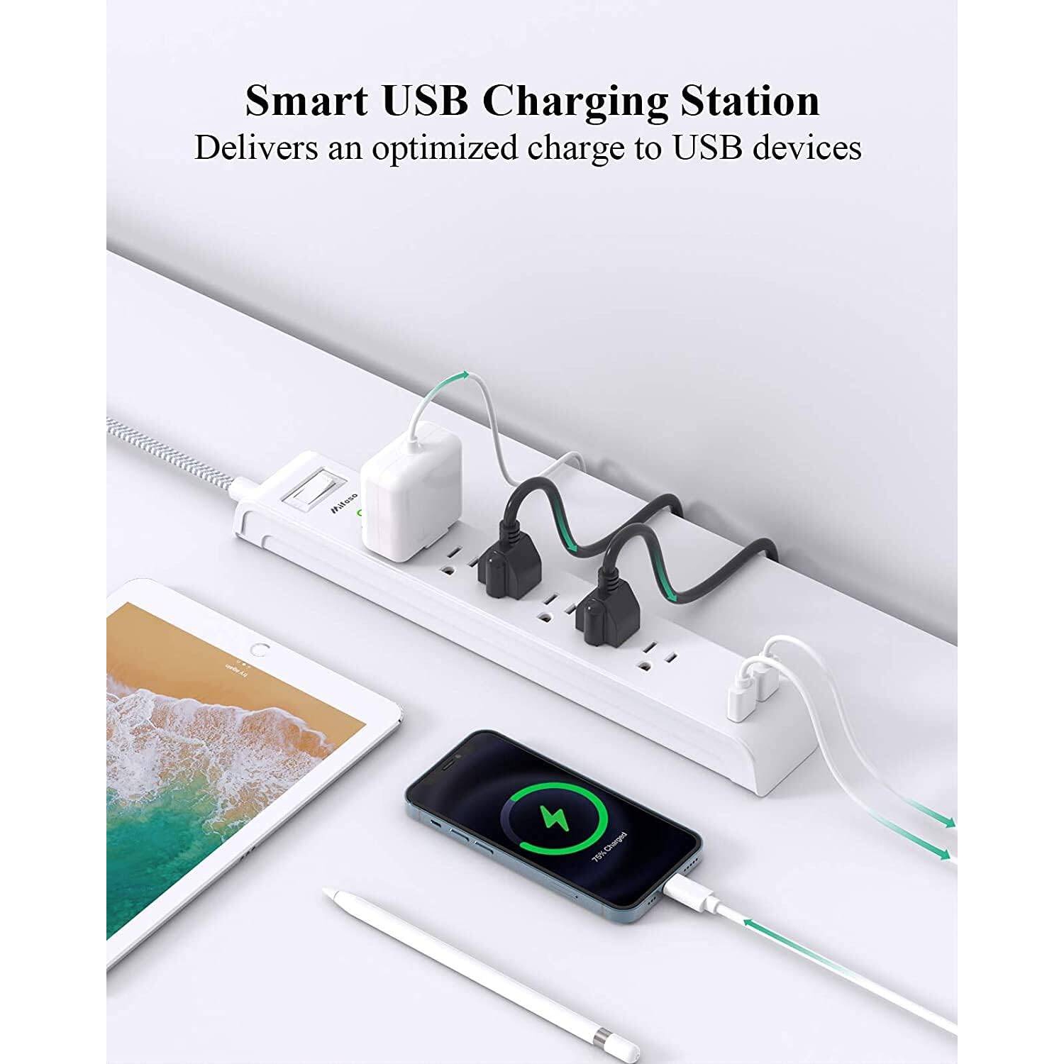 Paquet de 2 barres d'alimentation, rallonge avec 6 prises, 2 ports USB, parasurtenseurs, rallonges tressées robustes, montage mural 15&nbsp;A, ETL