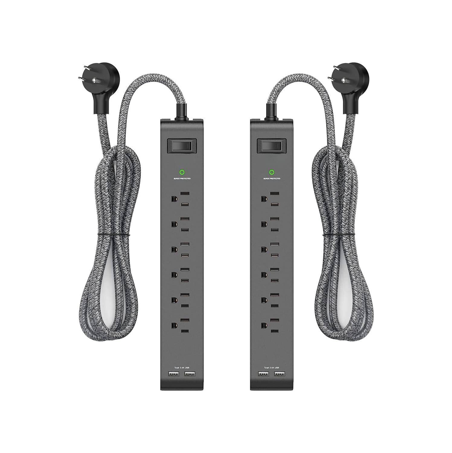 Paquet de 2 barres d'alimentation, rallonge avec 6 prises à 2 ports USB, parasurtenseurs rallonges tressées robustes 15&nbsp;A, montage mural ETL