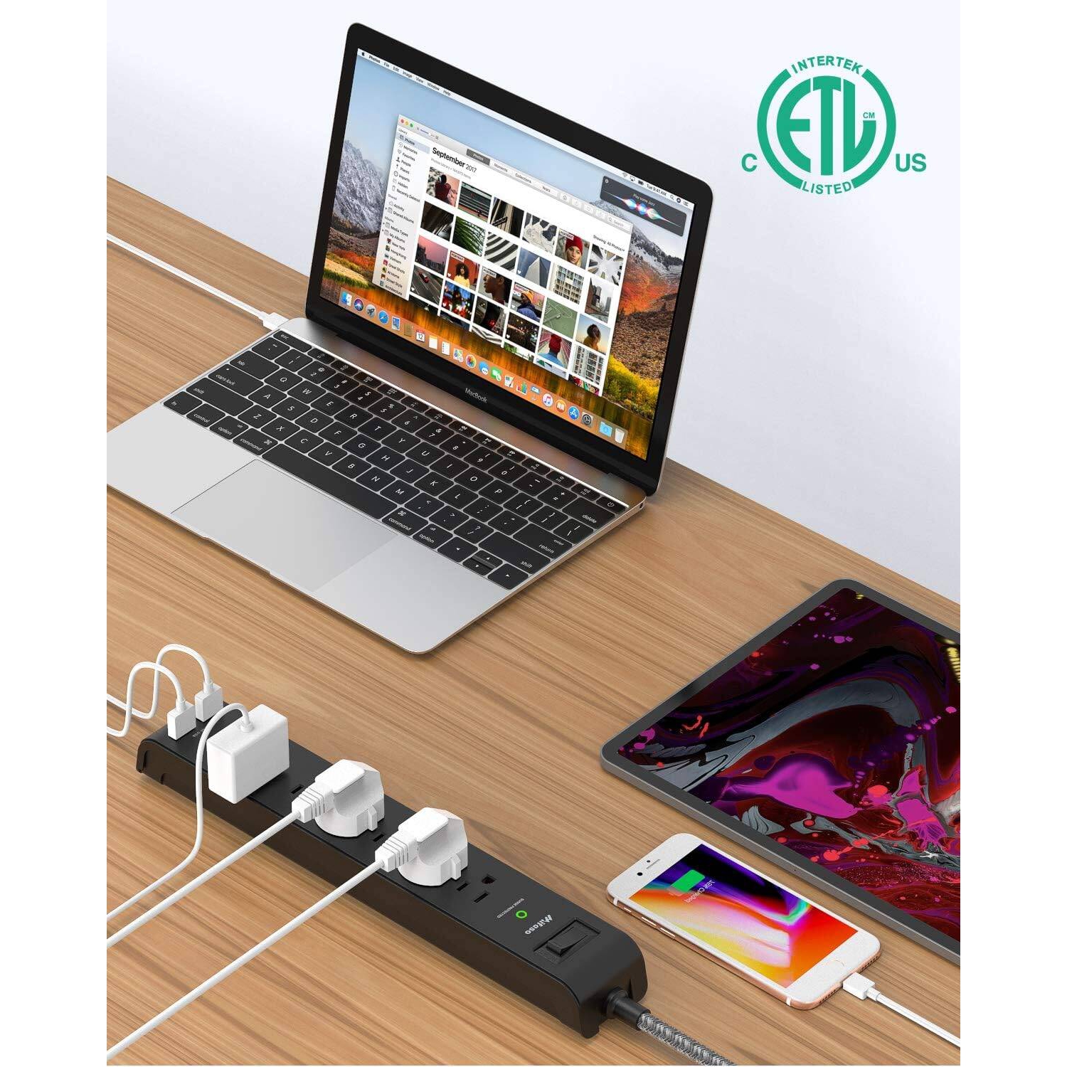 Paquet de 2 barres d'alimentation, rallonge avec 6 prises à 2 ports USB, parasurtenseurs rallonges tressées robustes 15 A, montage mural ETL