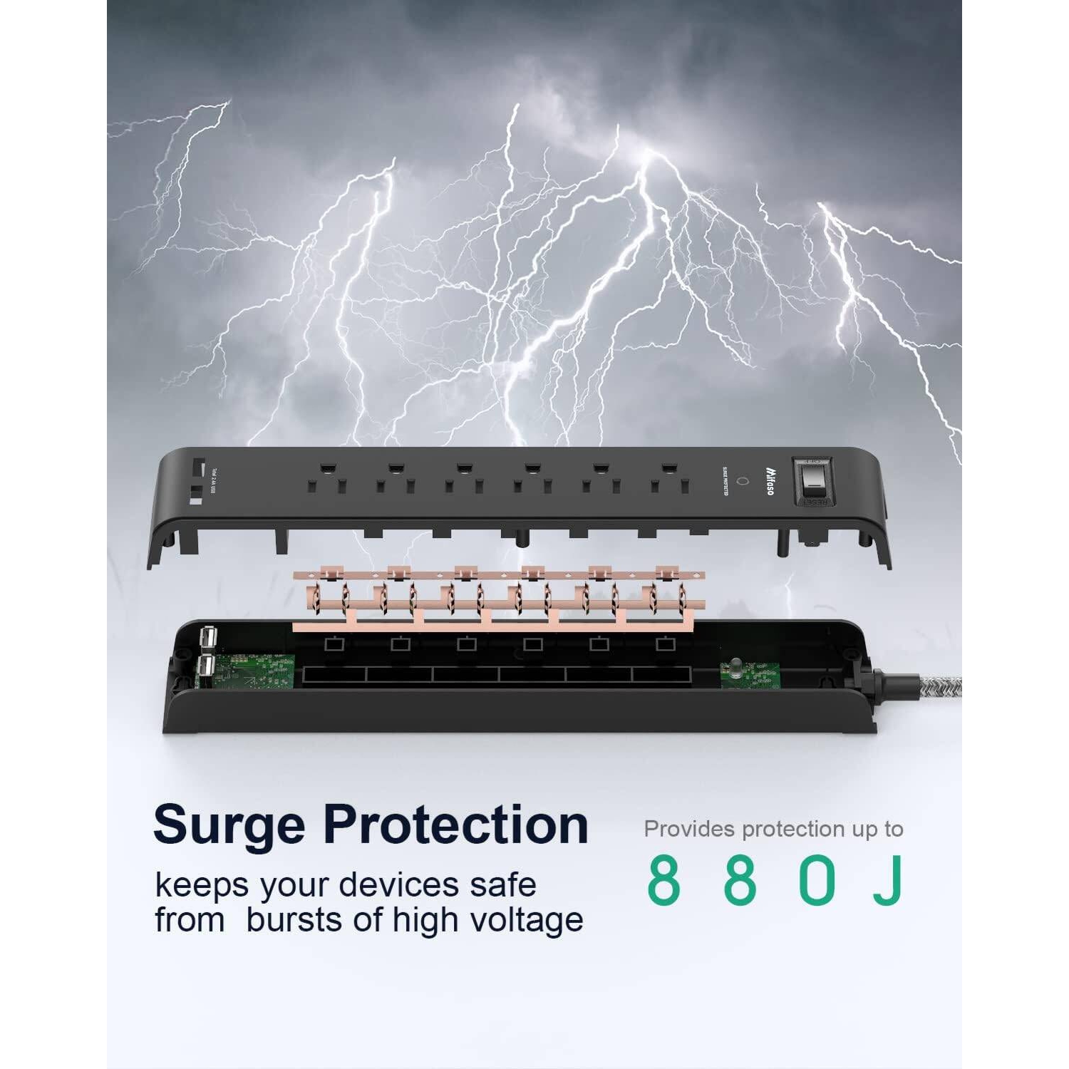 Paquet de 2 barres d'alimentation, rallonge avec 6 prises à 2 ports USB, parasurtenseurs rallonges tressées robustes 15 A, montage mural ETL