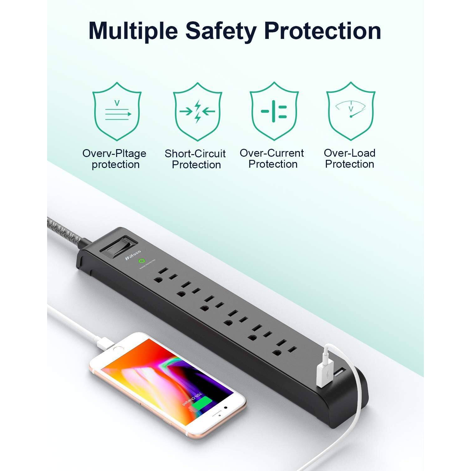 Paquet de 2 barres d'alimentation, rallonge avec 6 prises à 2 ports USB, parasurtenseurs rallonges tressées robustes 15 A, montage mural ETL