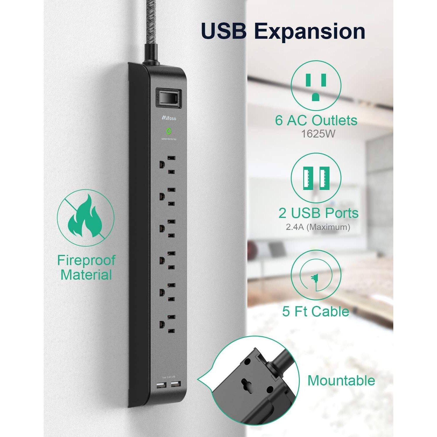 Paquet de 2 barres d'alimentation, rallonge avec 6 prises à 2 ports USB, parasurtenseurs rallonges tressées robustes 15 A, montage mural ETL