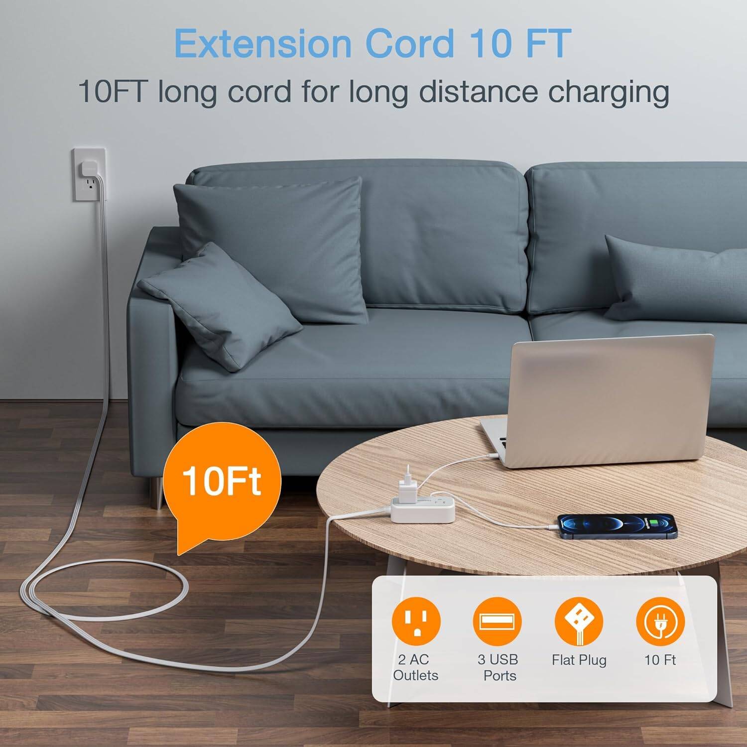 Ultra Thin Flat Plug Power bar 10ft, Flat Extension Cord Indoor with 3 Outlet Extender, 3 USB Charging Station, Small USB Power Strip for Home
