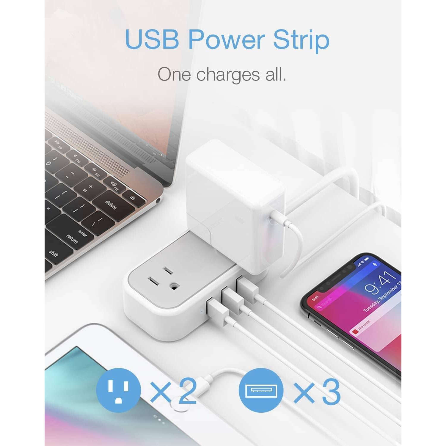 Ultra Thin Flat Plug Power bar 10ft, Flat Extension Cord Indoor with 3 Outlet Extender, 3 USB Charging Station, Small USB Power Strip for Home