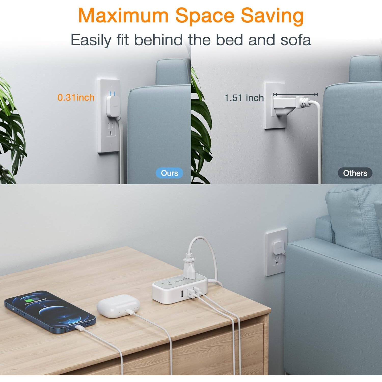 Ultra Thin Flat Plug Power bar 10ft, Flat Extension Cord Indoor with 3 Outlet Extender, 3 USB Charging Station, Small USB Power Strip for Home