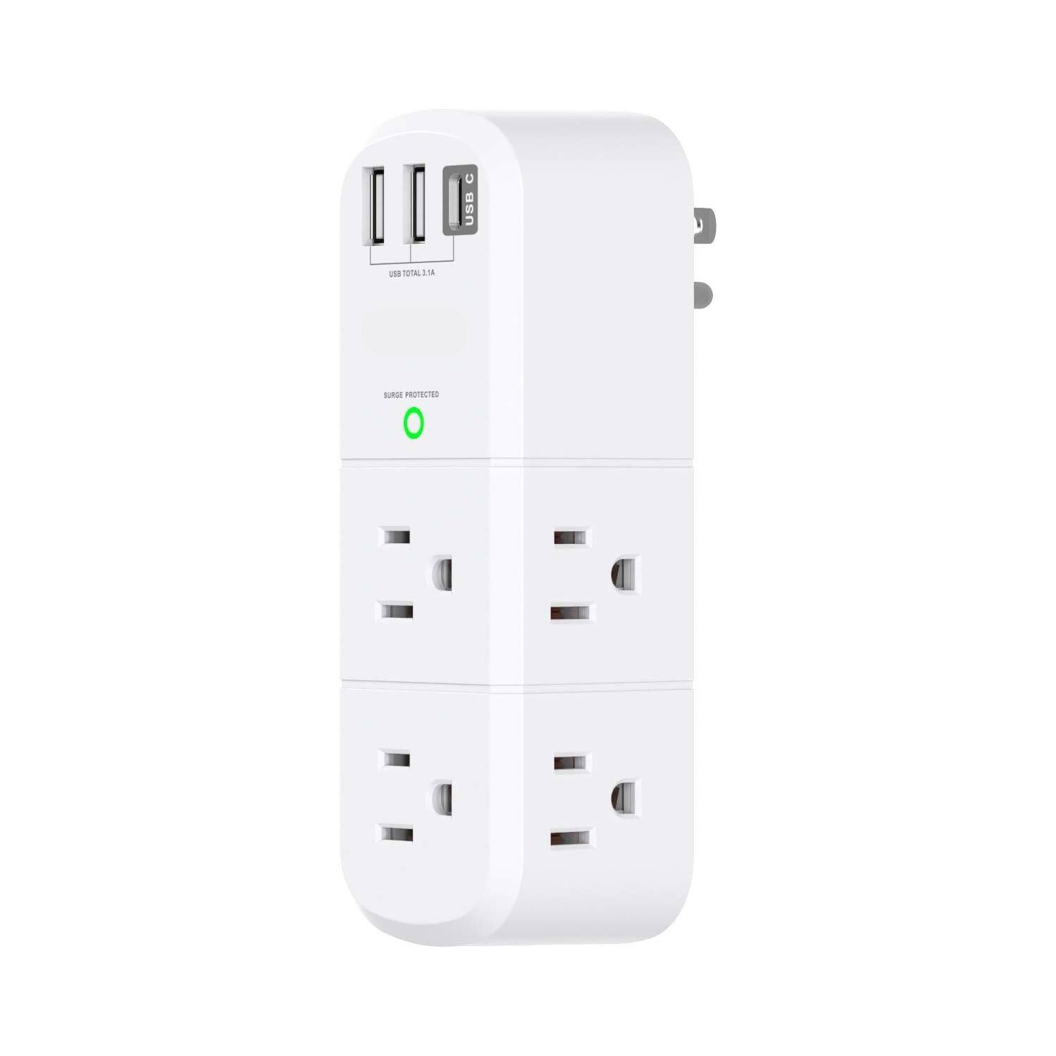 Parasurtenseur prolongateur de prise USB avec prise rotative, 6 prise multiprise c.a., 3 ports USB, barre d'alimentation pivotante à 3 côtés avec
