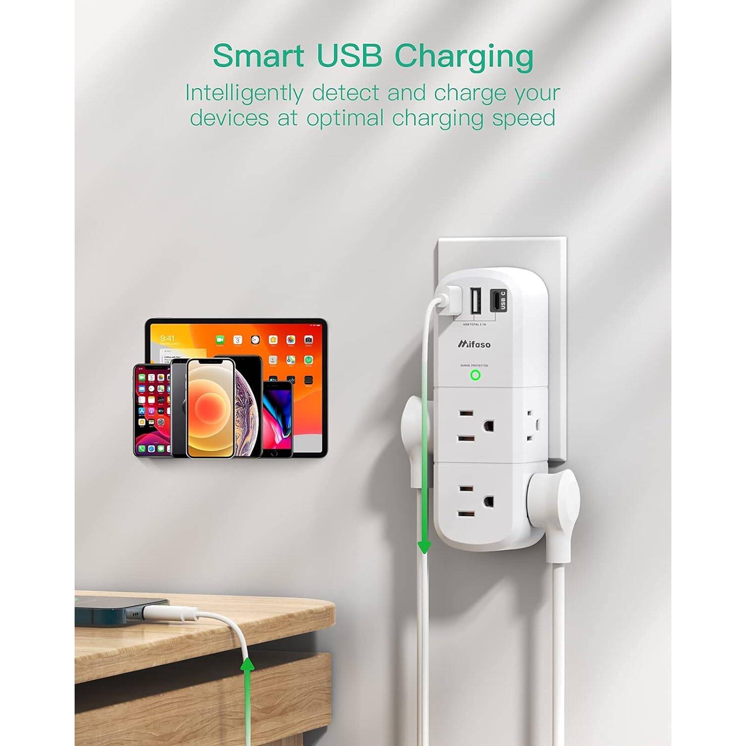 Parasurtenseur prolongateur de prise USB avec prise rotative, 6 prise multiprise c.a., 3 ports USB, barre d'alimentation pivotante à 3 côtés avec