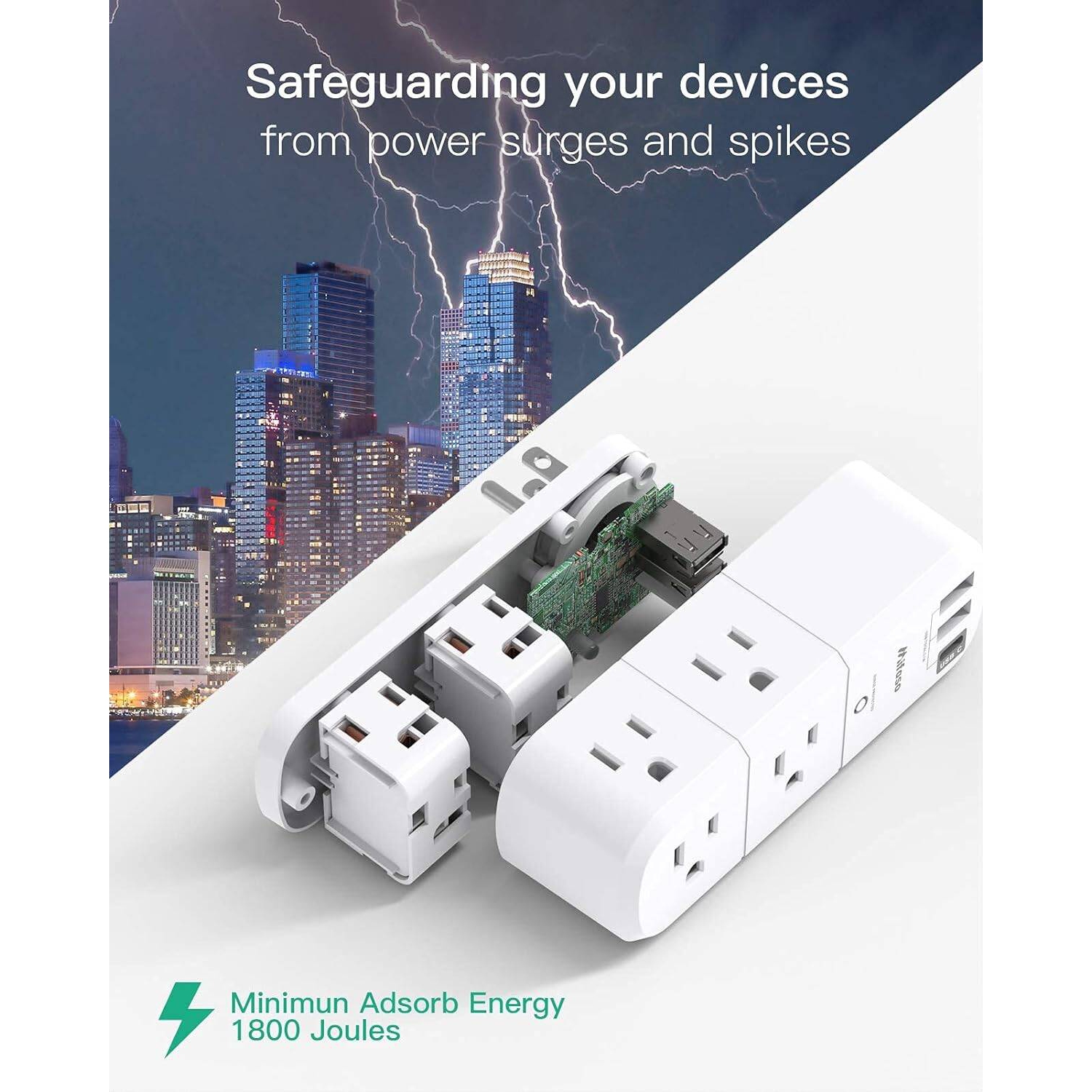 Parasurtenseur prolongateur de prise USB avec prise rotative, 6 prise multiprise c.a., 3 ports USB, barre d'alimentation pivotante à 3 côtés avec