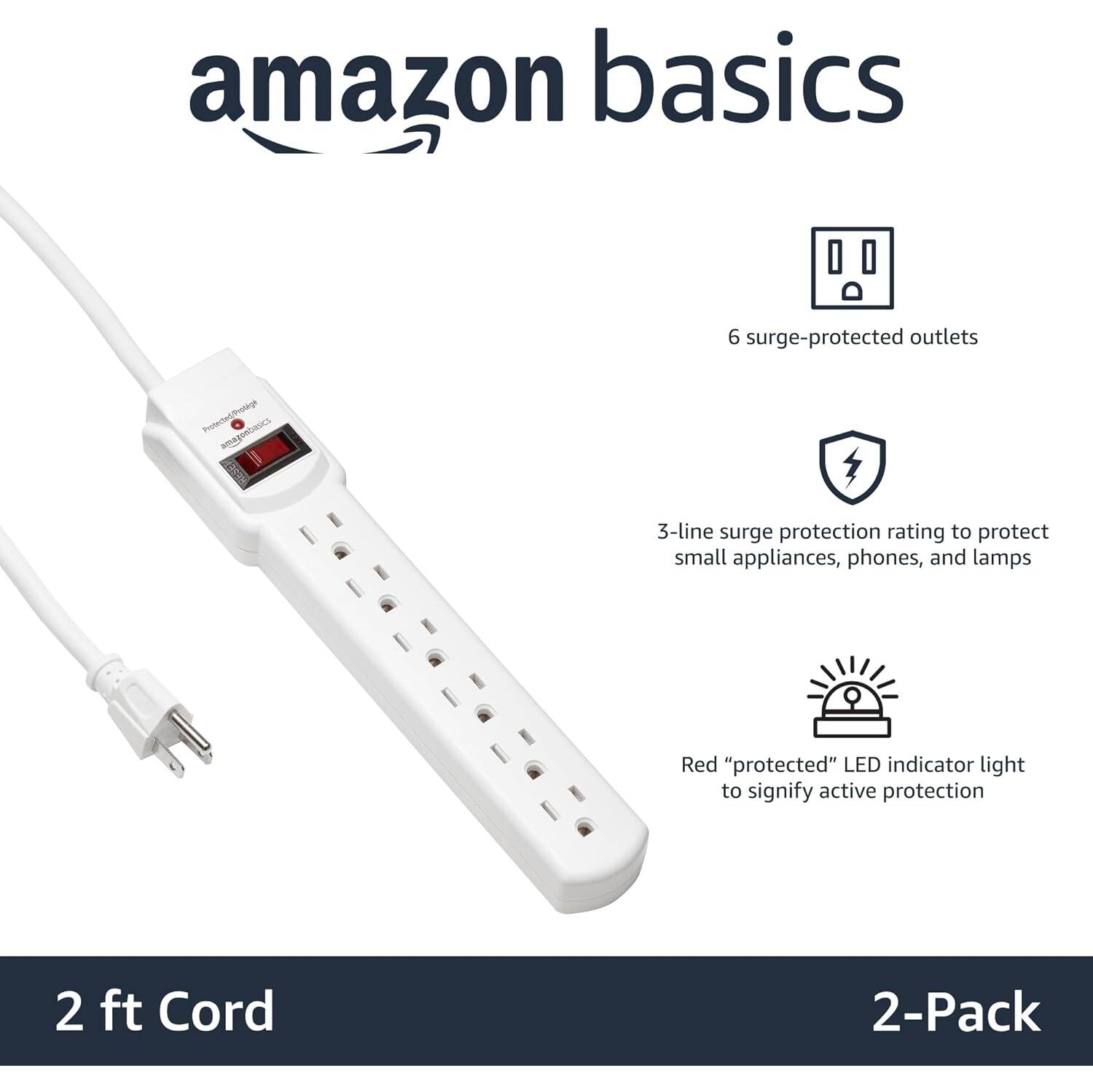 6-Outlet Surge Protector Power Strip 2-Pack, 2-Foot Long Cord, 200 Joule, White
