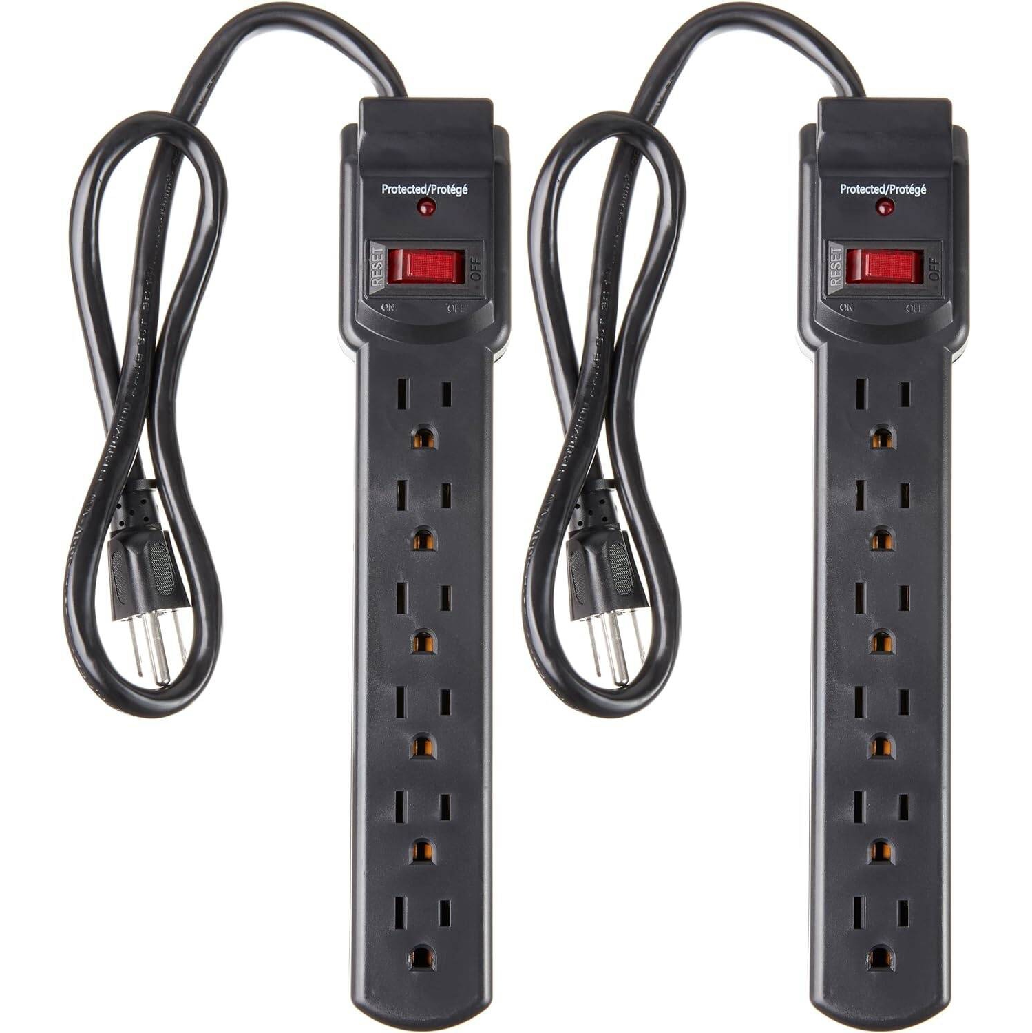 6-Outlet Surge Protector Power Strip 2-Pack, 2-Foot Long Cord, 200 Joule, Black
