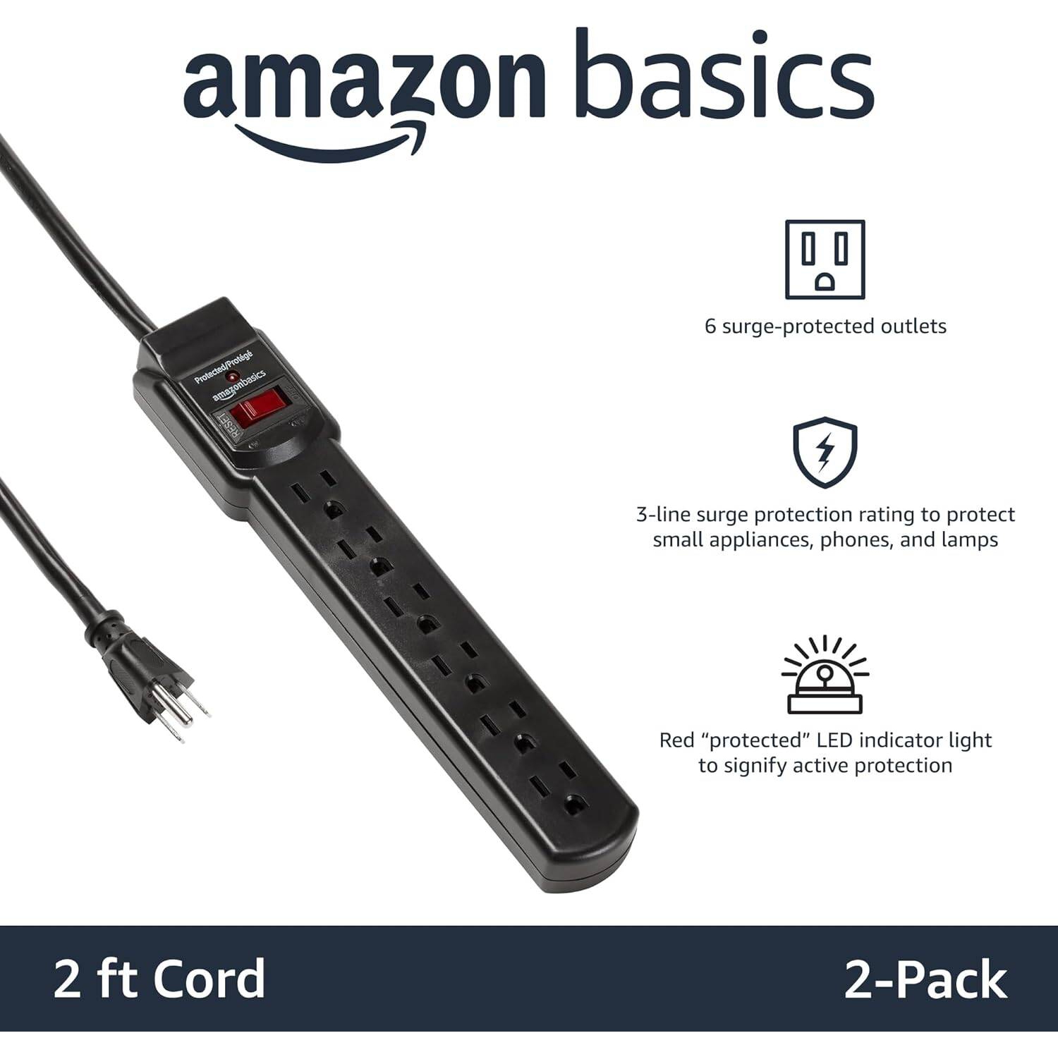 6-Outlet Surge Protector Power Strip 2-Pack, 2-Foot Long Cord, 200 Joule, Black