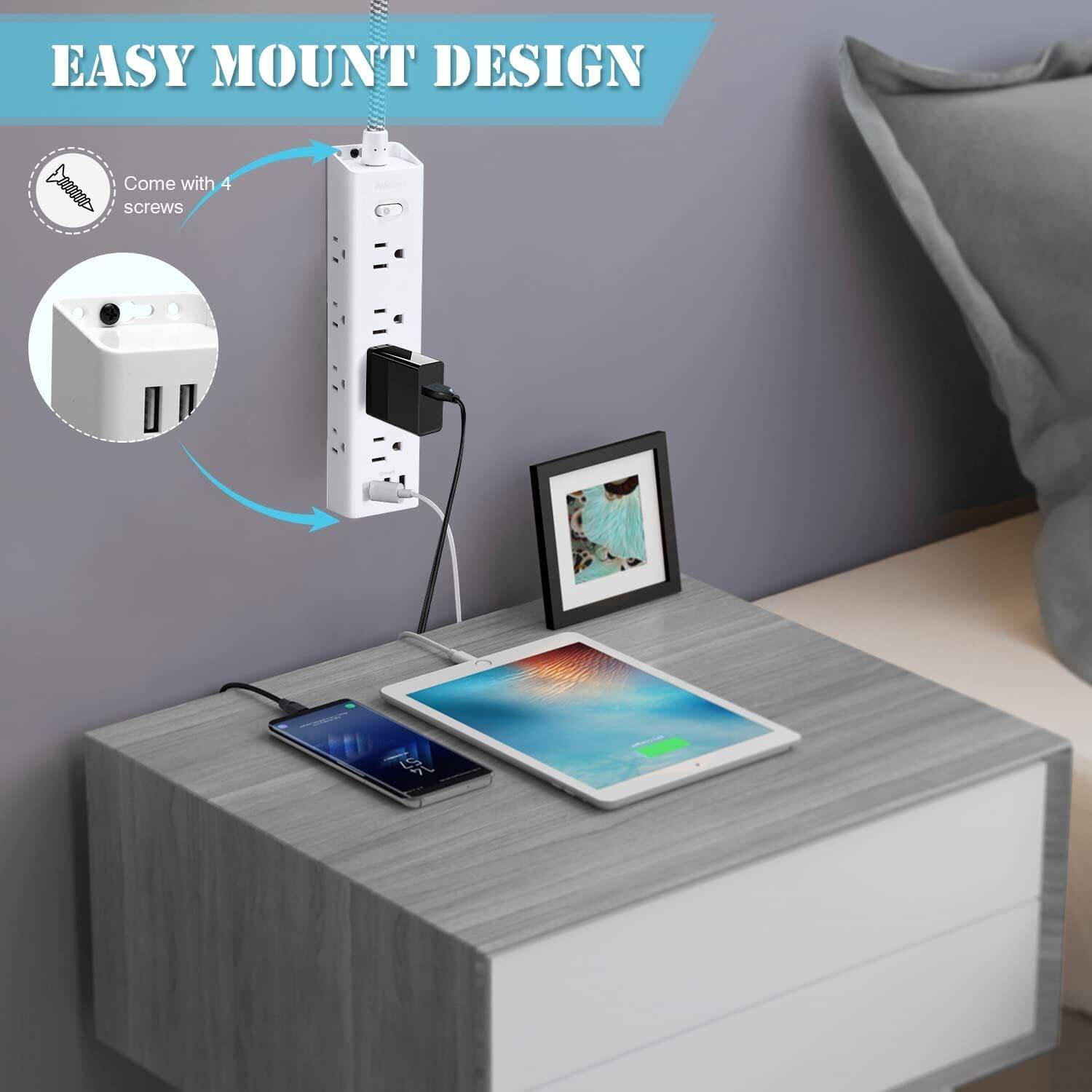 Surge Protector Power Bar, 10 FT Extension Cord, Power Strip with 12 Widely AC Outlet 3 USB, Flat Plug, Wall Mount Overload Protection for Dorm Home