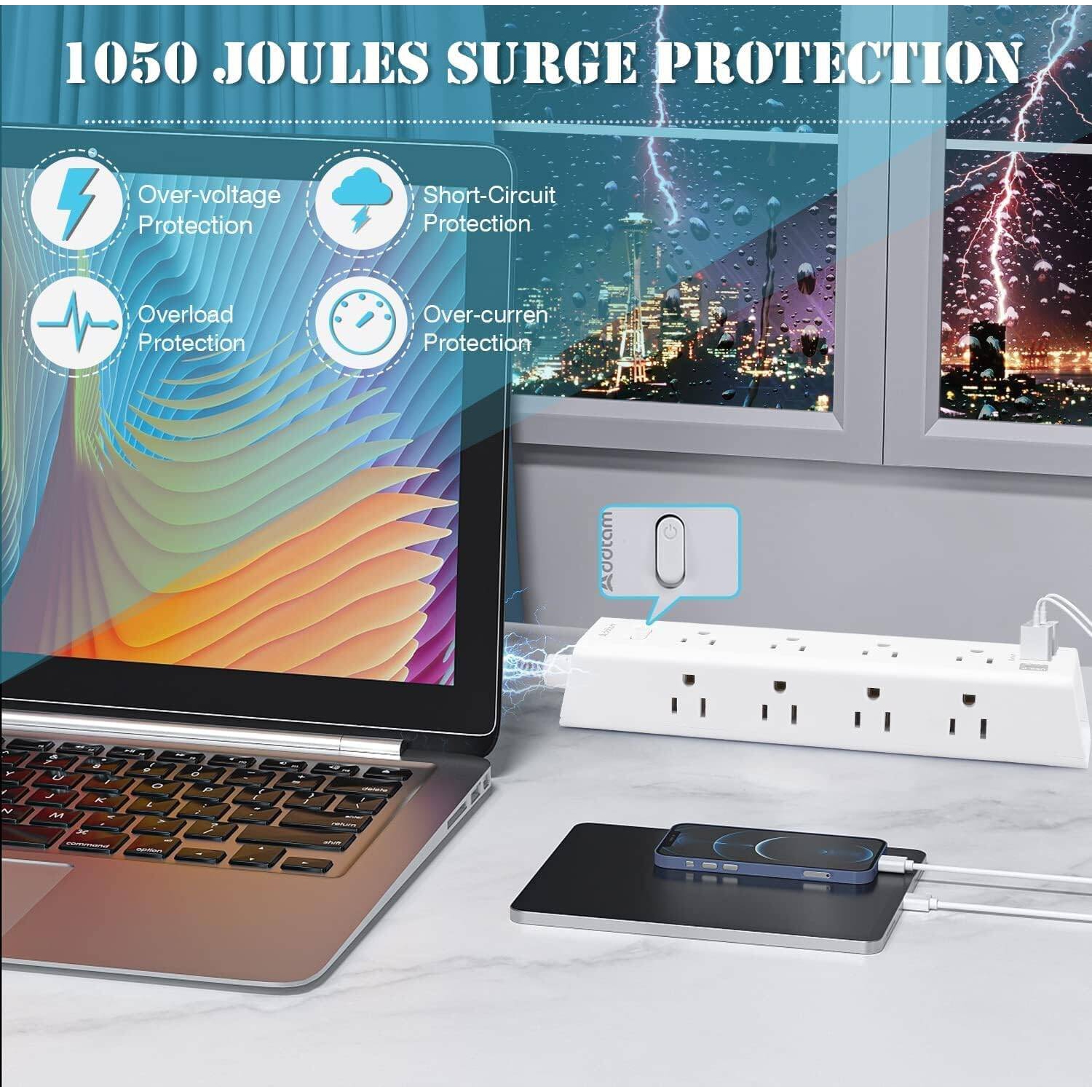 Surge Protector Power Bar, 10 FT Extension Cord, Power Strip with 12 Widely AC Outlet 3 USB, Flat Plug, Wall Mount Overload Protection for Dorm Home