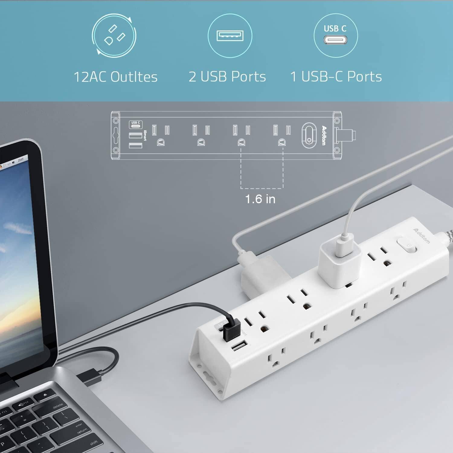 Surge Protector Power Bar, 10 FT Extension Cord, Power Strip with 12 Widely AC Outlet 3 USB, Flat Plug, Wall Mount Overload Protection for Dorm Home