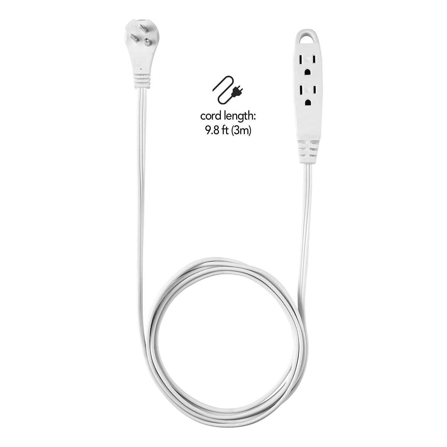 Électrique 10 pi – Rallonge d’intérieur de service moyen à 3 prises, mise à la terre, prise à angle droit, blanc