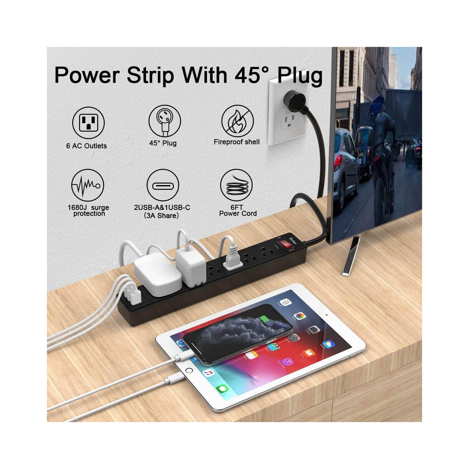 Barre d'alimentation 6&nbsp;pi avec 5 prises espacées, 3 ports USB, rallonges robustes, support mural plat