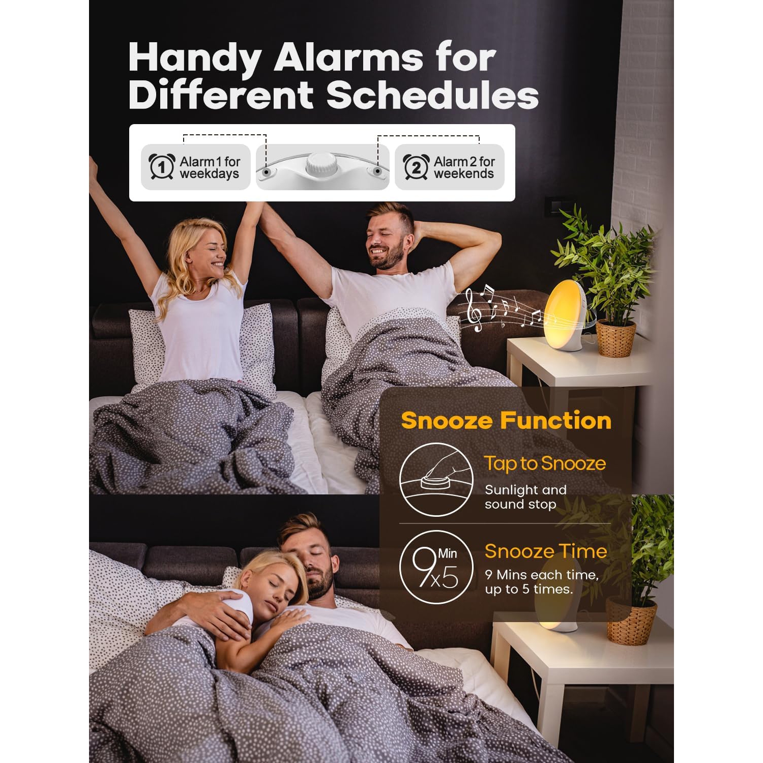 Réveille-matin Sunrise, réveille-matin Dekala pour chambre à coucher, simulation de lever du soleil, machine à bruit, mode veille, deux alarmes,