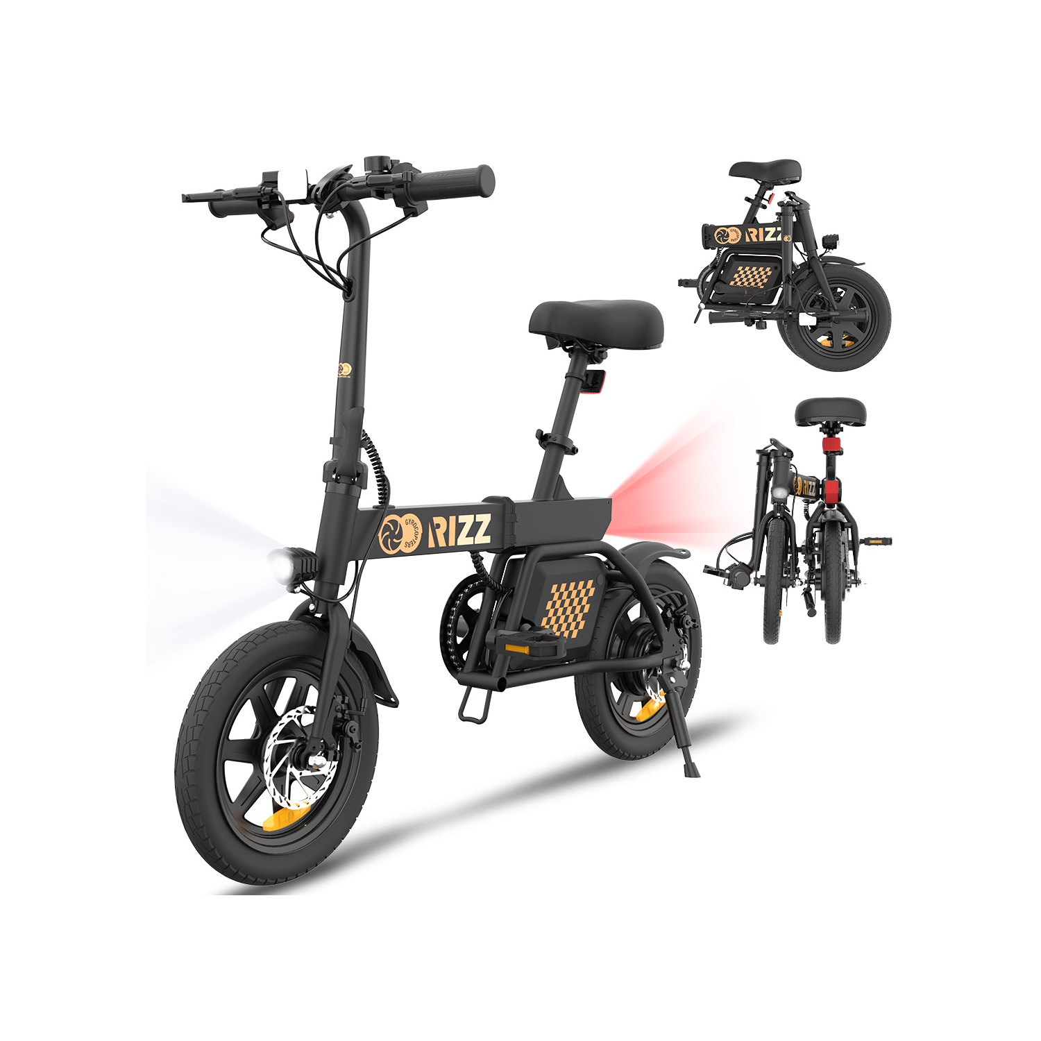 Gyrocopters Rizz Foldable Electric Bike, up to 55 km ( 34 mi) PAS range, up to 25km/h (15.5 mph) speed by 350 W motor, UL-2849 safety approve, 3 riding modes