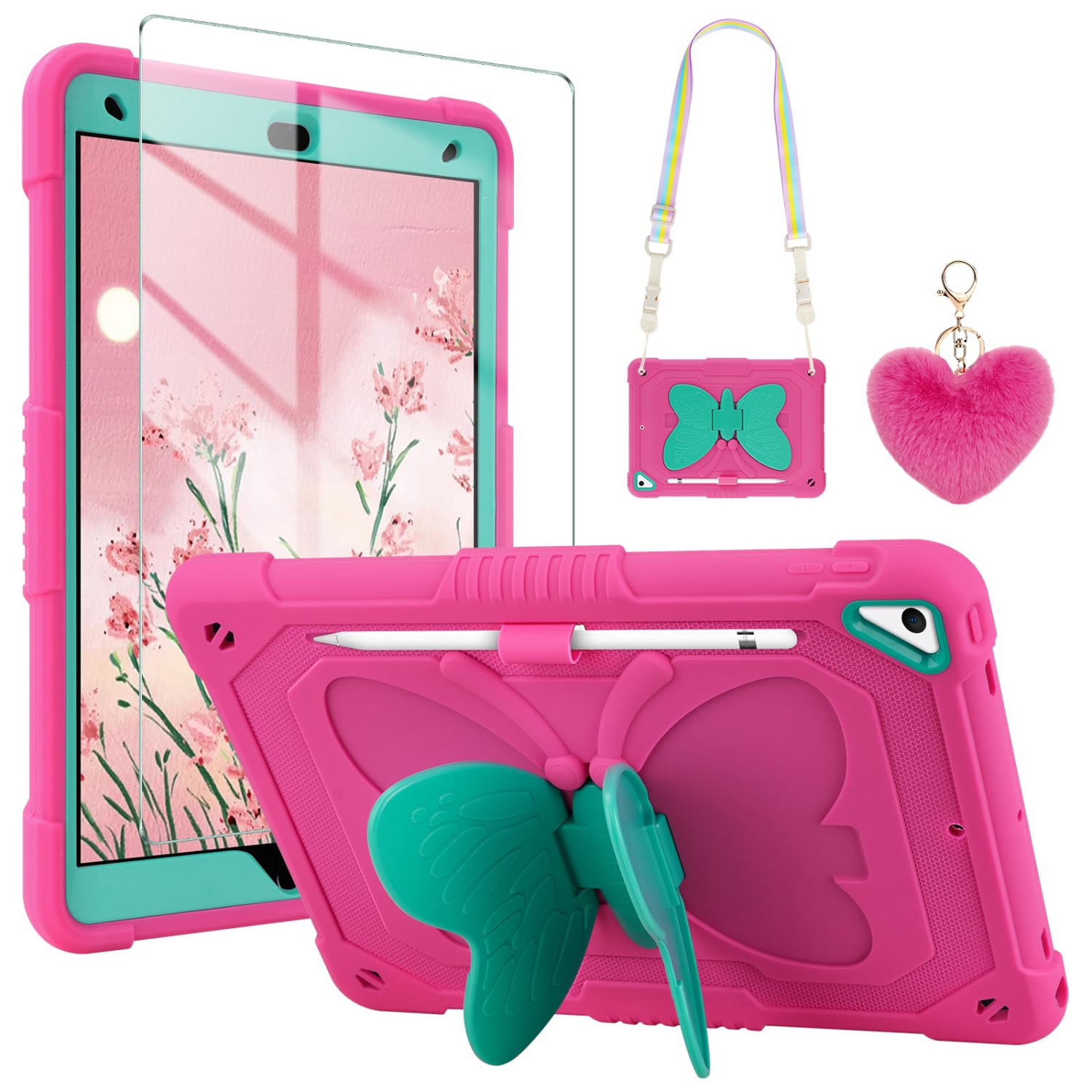 Étui 8th 7th 10,2&nbsp;po 9th génération iPad avec protecteur d'écran/béquille papillon/Cordon/porte-clés robuste avec porte-crayon pour filles, rose