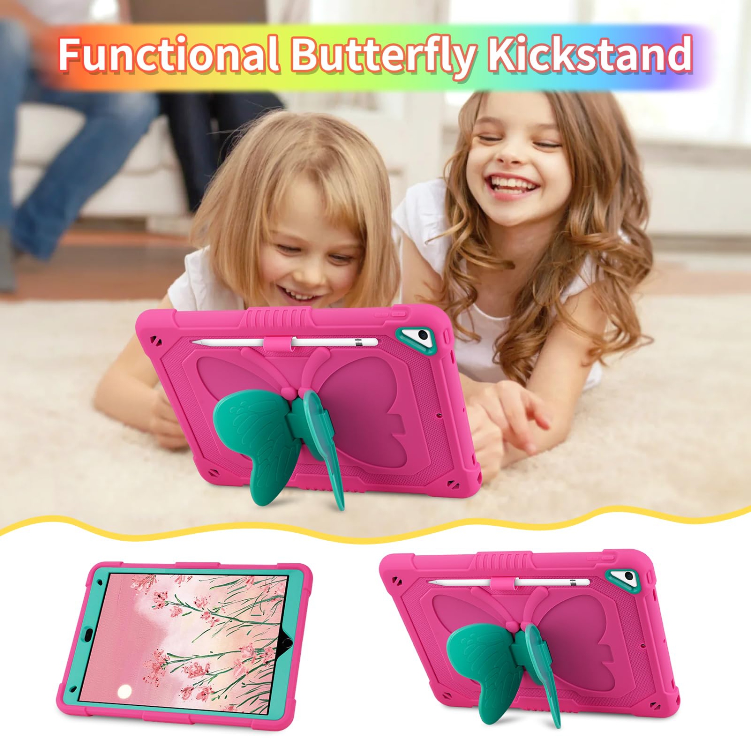 Étui 8th 7th 10,2 po 9th génération iPad avec protecteur d'écran/béquille papillon/Cordon/porte-clés robuste avec porte-crayon pour filles, rose