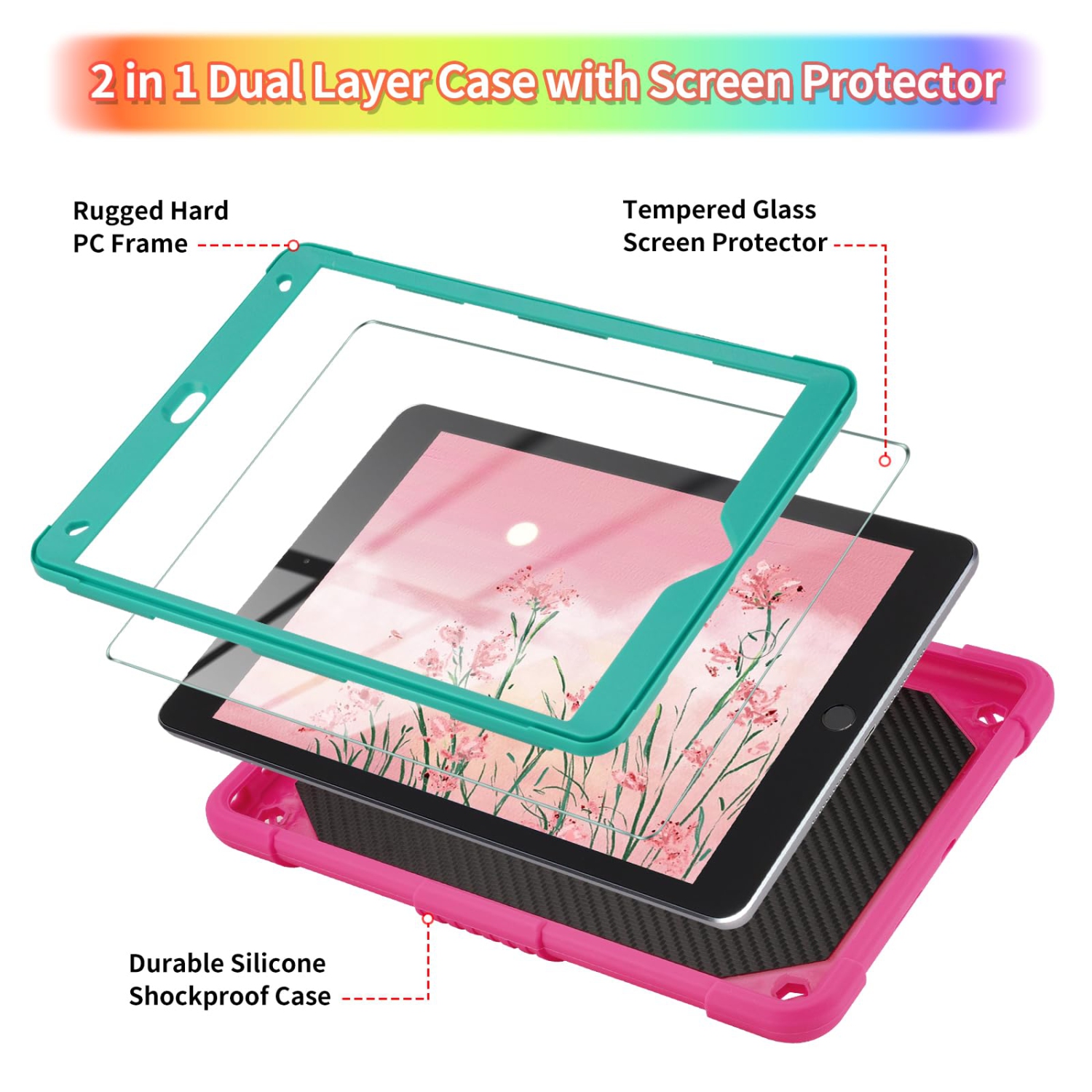 Étui 8th 7th 10,2 po 9th génération iPad avec protecteur d'écran/béquille papillon/Cordon/porte-clés robuste avec porte-crayon pour filles, rose