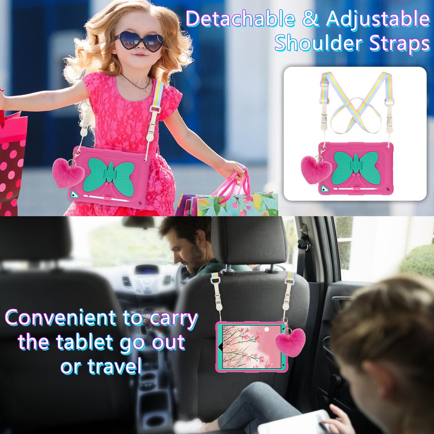 Étui 8th 7th 10,2 po 9th génération iPad avec protecteur d'écran/béquille papillon/Cordon/porte-clés robuste avec porte-crayon pour filles, rose