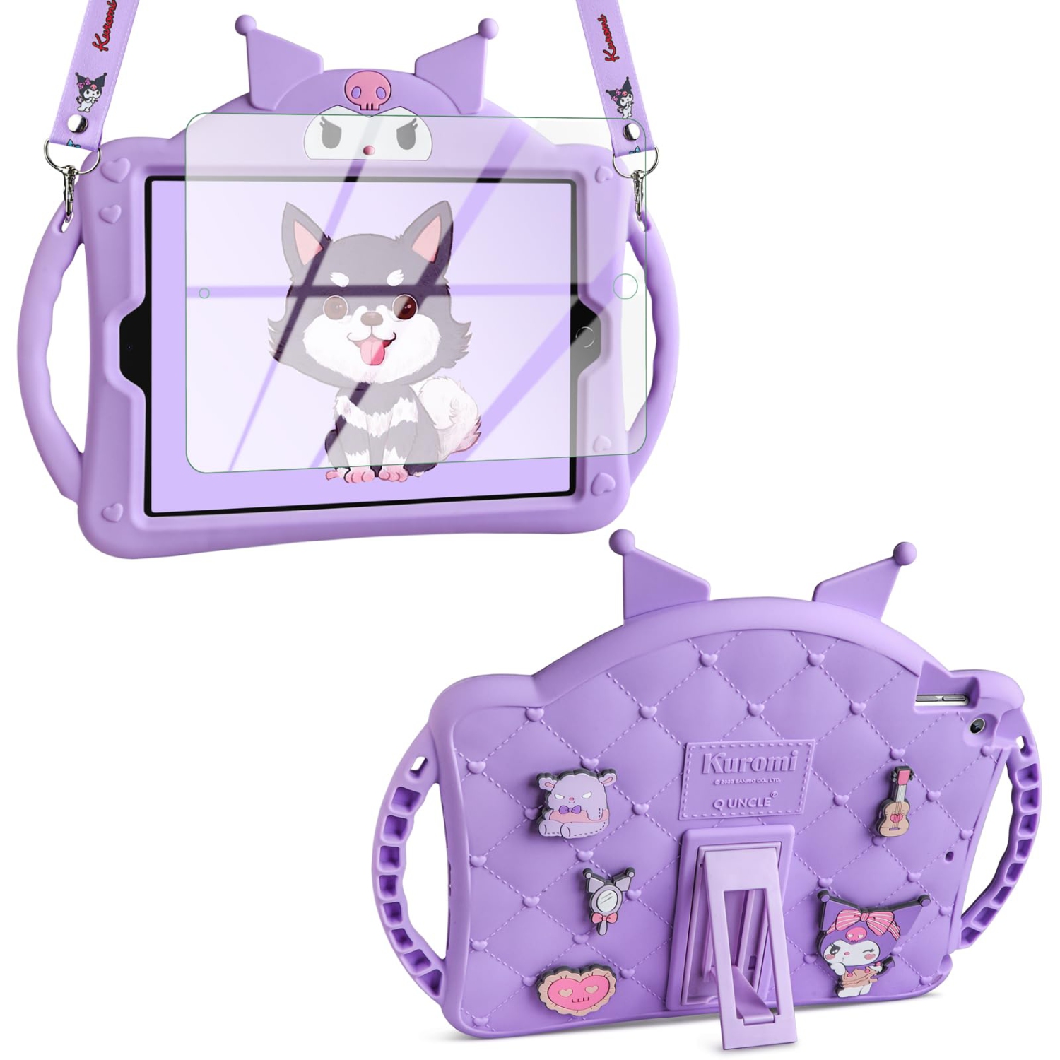 IPad 9th 8th 7th Generation Case Kids, iPad 10.2 Case with Screen Protector/Lanyard/Kickstand/Handle Cute Cartoon Soft Silicone Shockproof Tablet Protective Cover 10.2'' Purple