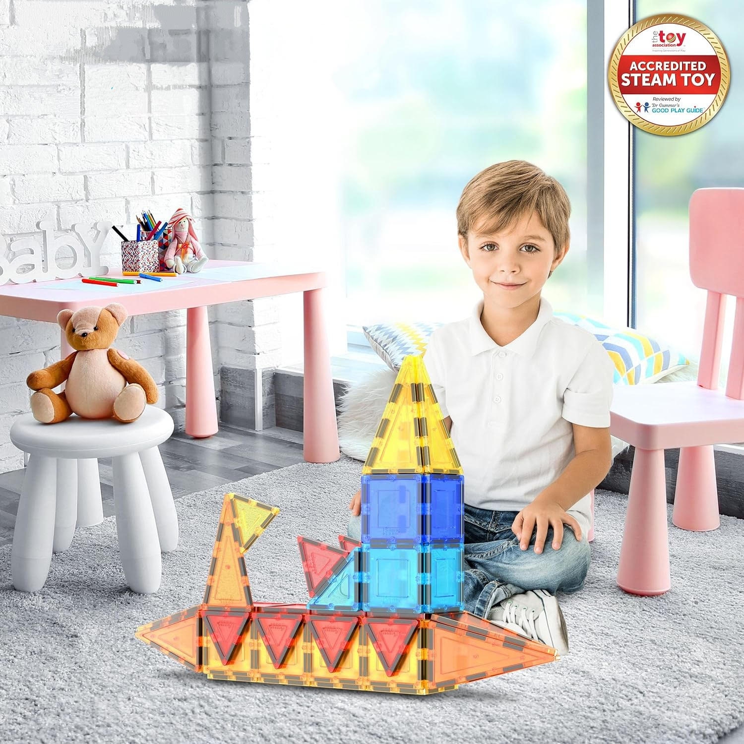 Magnetic Tiles 60pcs Kids Toys, Classroom Sensory Toy for Toddlers, STEM Learning Building Blocks, Montessori Pretend Play Magnet Tile Construction