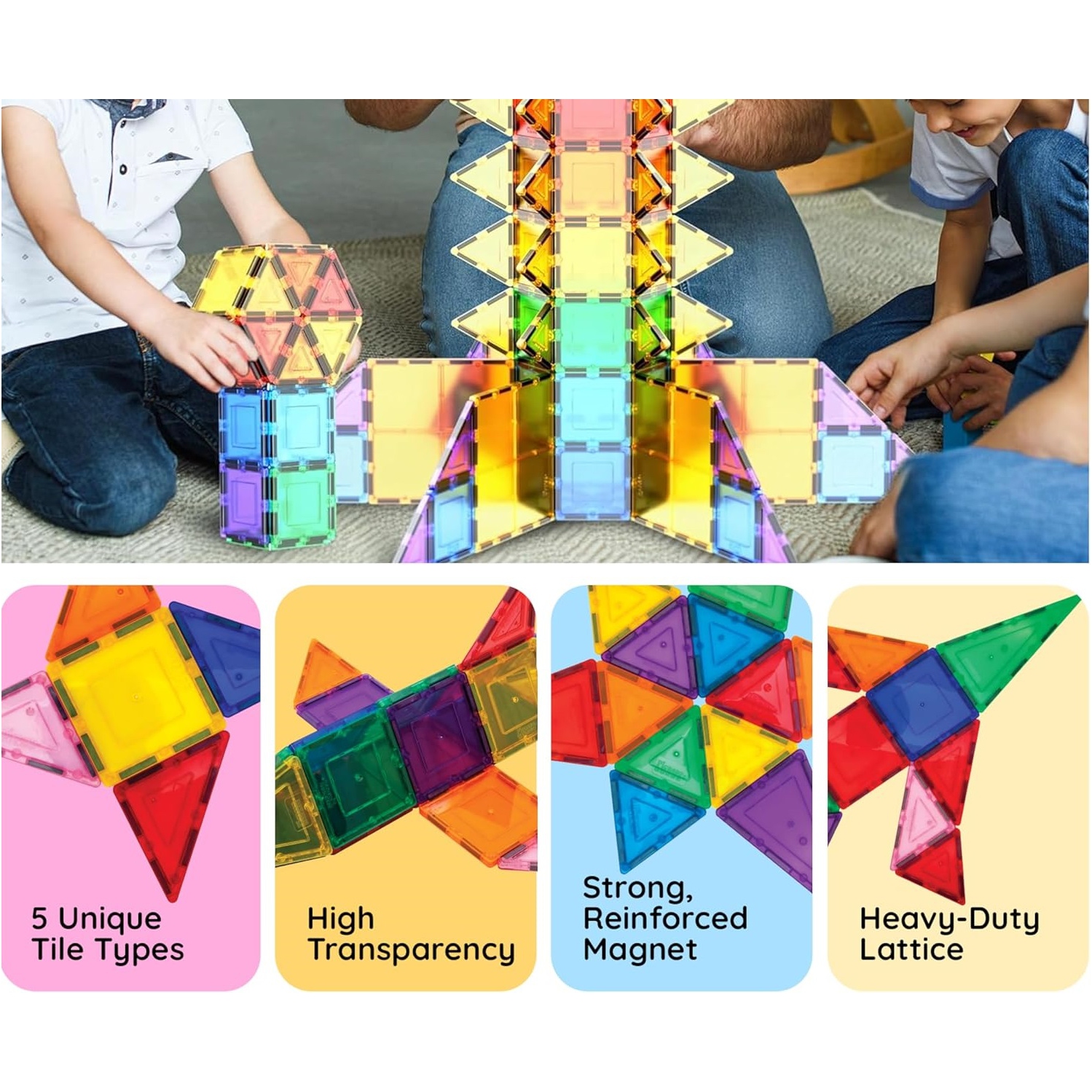 Magnetic Tiles 60pcs Kids Toys, Classroom Sensory Toy for Toddlers, STEM Learning Building Blocks, Montessori Pretend Play Magnet Tile Construction