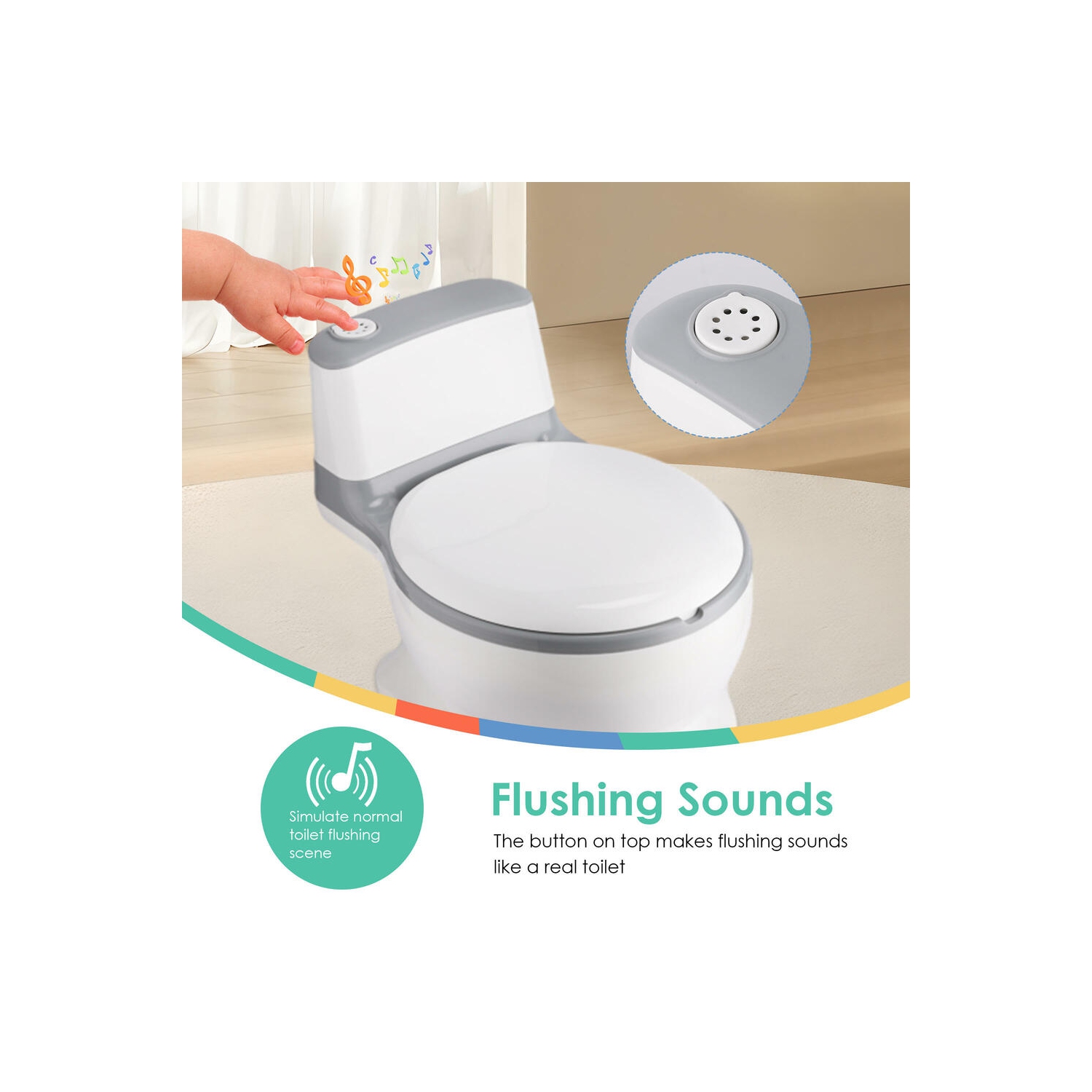 Toilette d'apprentissage de la propreté pour tout-petit bruit de chasse d'eau réaliste pour les enfants de 6 à 18 mois avec espace de rangement