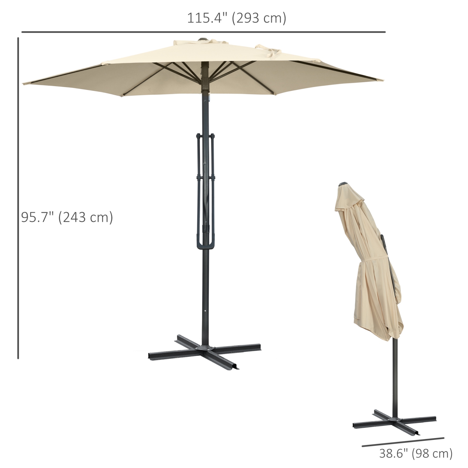 Outsunny 9.6ft Cantilever Patio Umbrella with Easy Lever, Offset Umbrella with Crank Handle, Cross Base, 6 Metal Ribs, Outdoor Sun Shade for Garden,