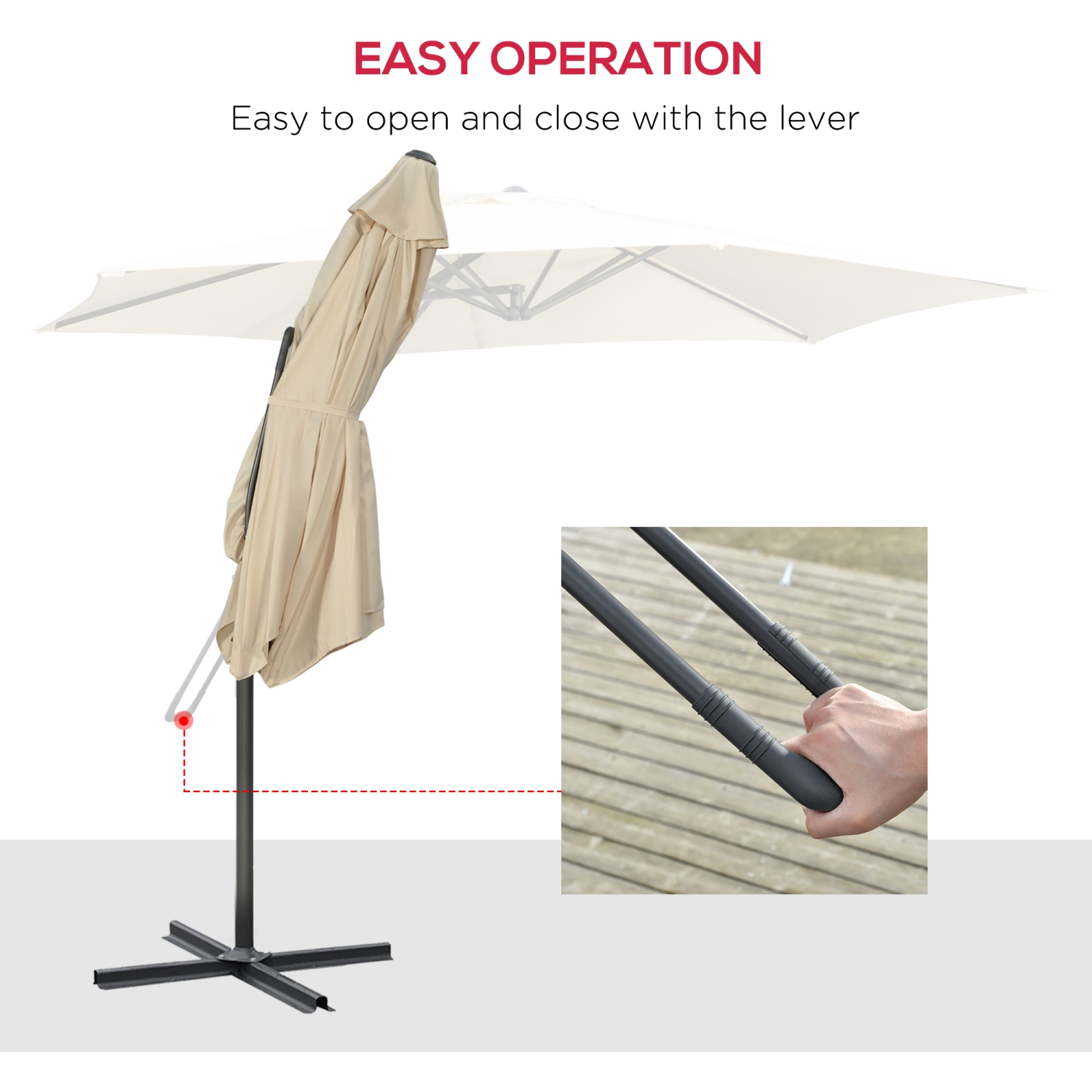 Outsunny 9.6ft Cantilever Patio Umbrella with Easy Lever, Offset Umbrella with Crank Handle, Cross Base, 6 Metal Ribs, Outdoor Sun Shade for Garden,