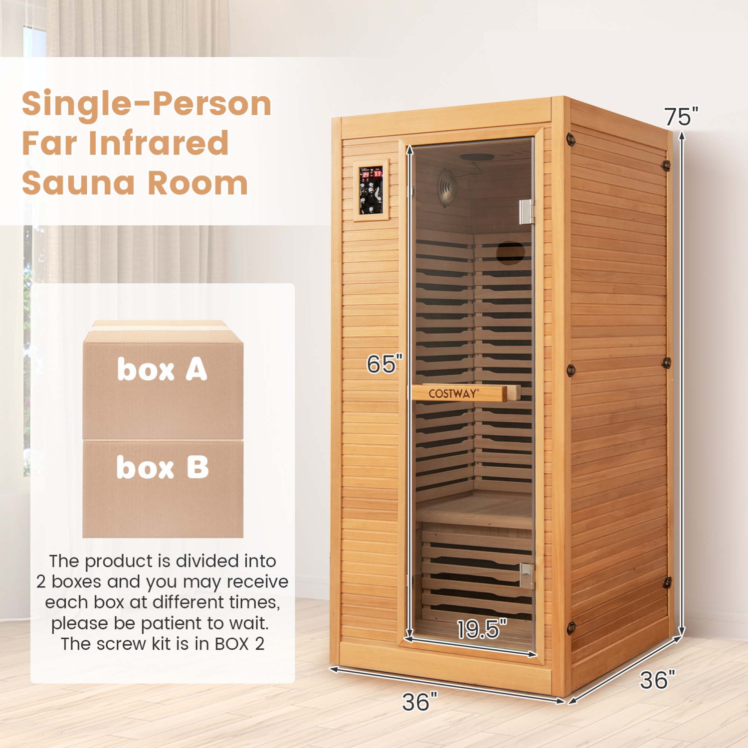 Costway 1 Person Far Infrared Wooden Sauna Room with Bluetooth Speakers, 9 Carbon Heaters