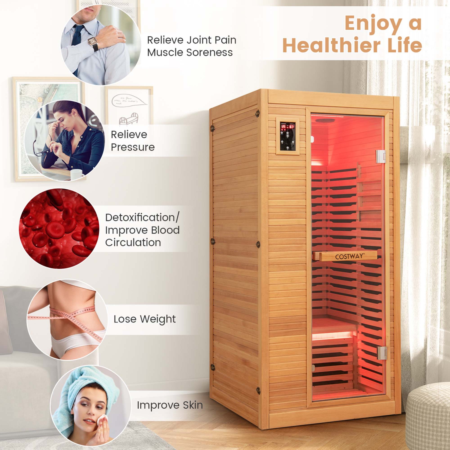 Costway 1 Person Far Infrared Wooden Sauna Room with Bluetooth Speakers, 9 Carbon Heaters