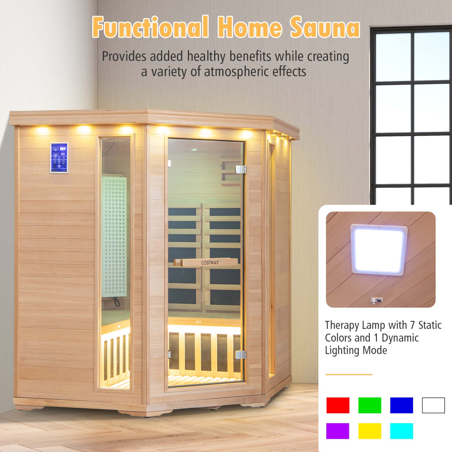 Costway 3-5 People Far Infrared Wooden Sauna Room for Home 240V with Bluetooth Speakers