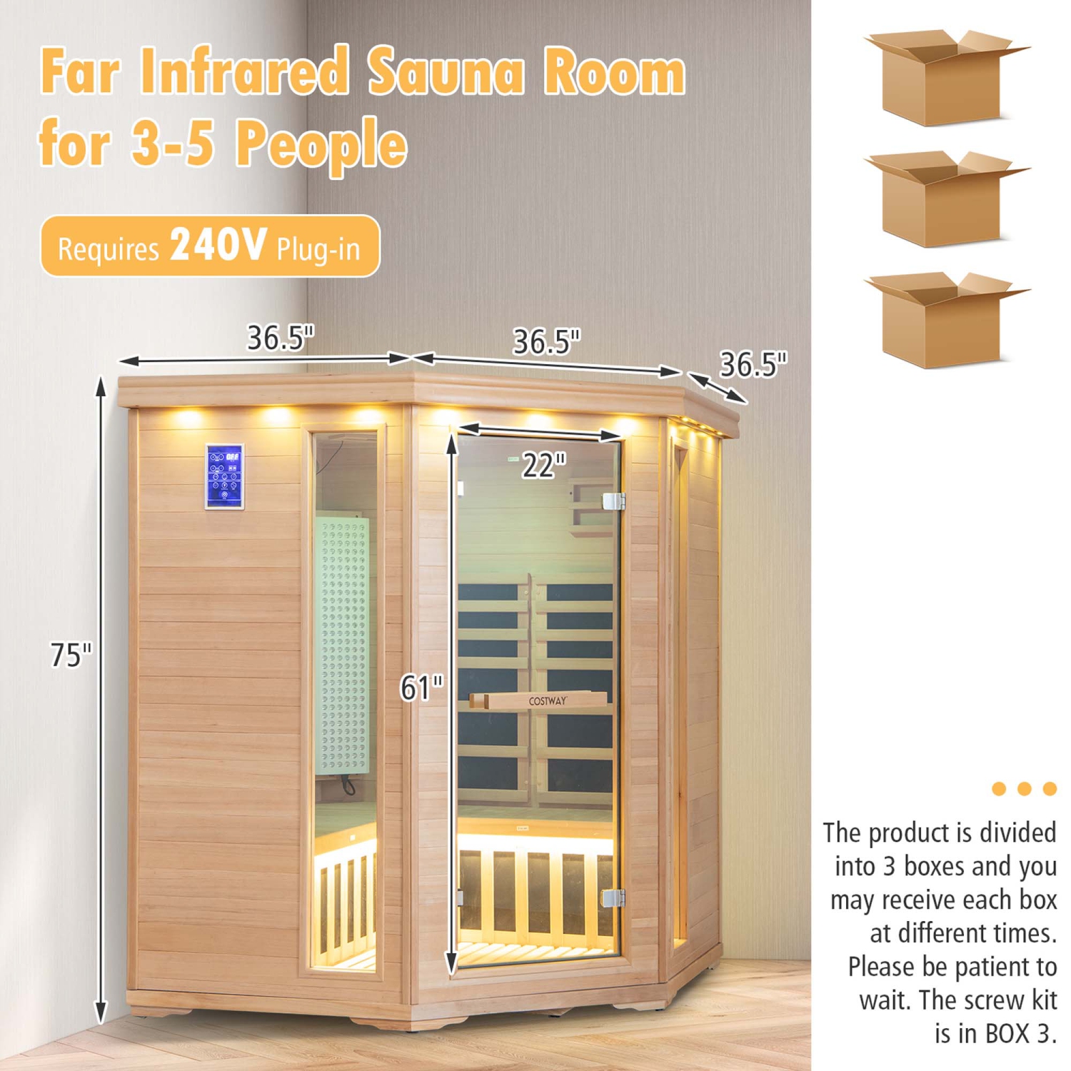 Costway 3-5 People Far Infrared Wooden Sauna Room for Home 240V with Bluetooth Speakers