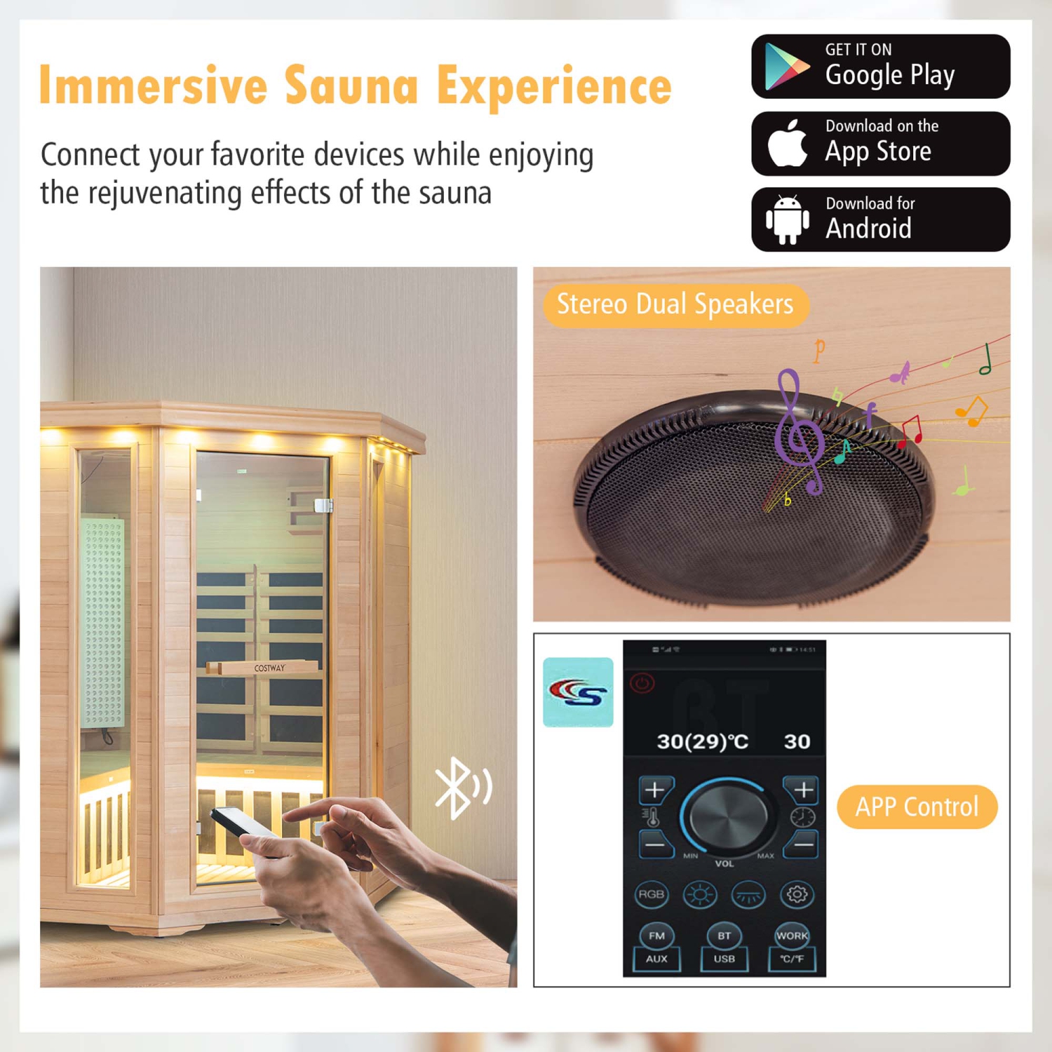 Costway 3-5 People Far Infrared Wooden Sauna Room for Home 240V with Bluetooth Speakers