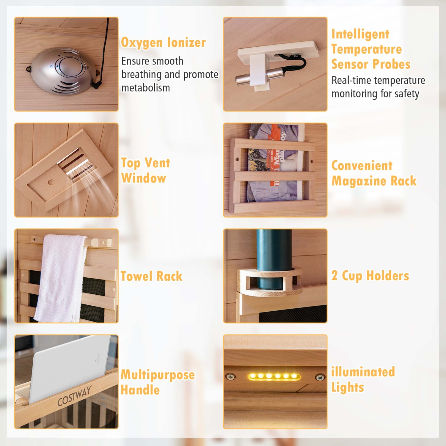 Costway 3-5 People Far Infrared Wooden Sauna Room for Home 240V with Bluetooth Speakers