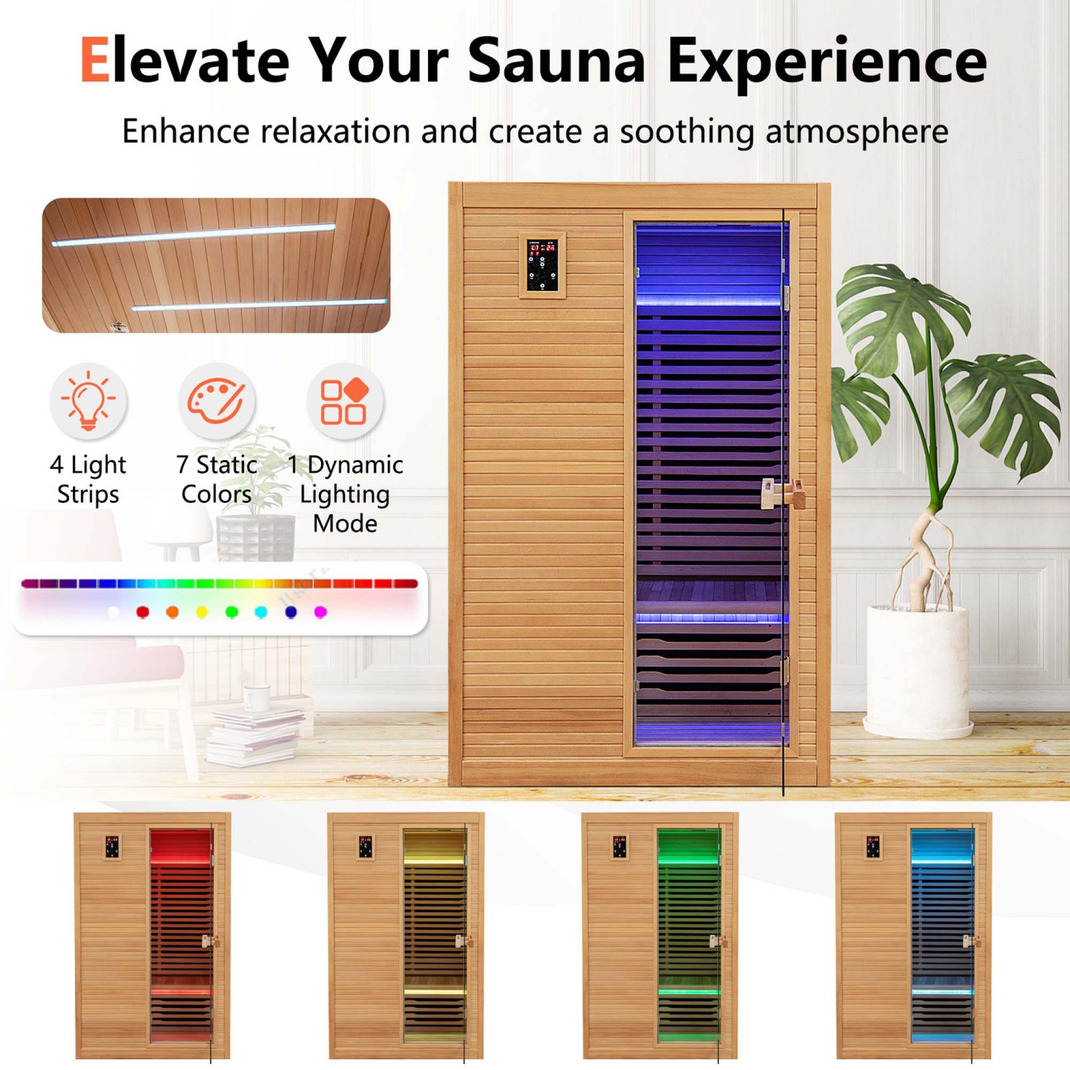 Salle de sauna en bois à infrarouge 2&nbsp;personnes de Costway avec haut-parleurs Bluetooth 4 bandes lumineuses sans luminothérapie rouge