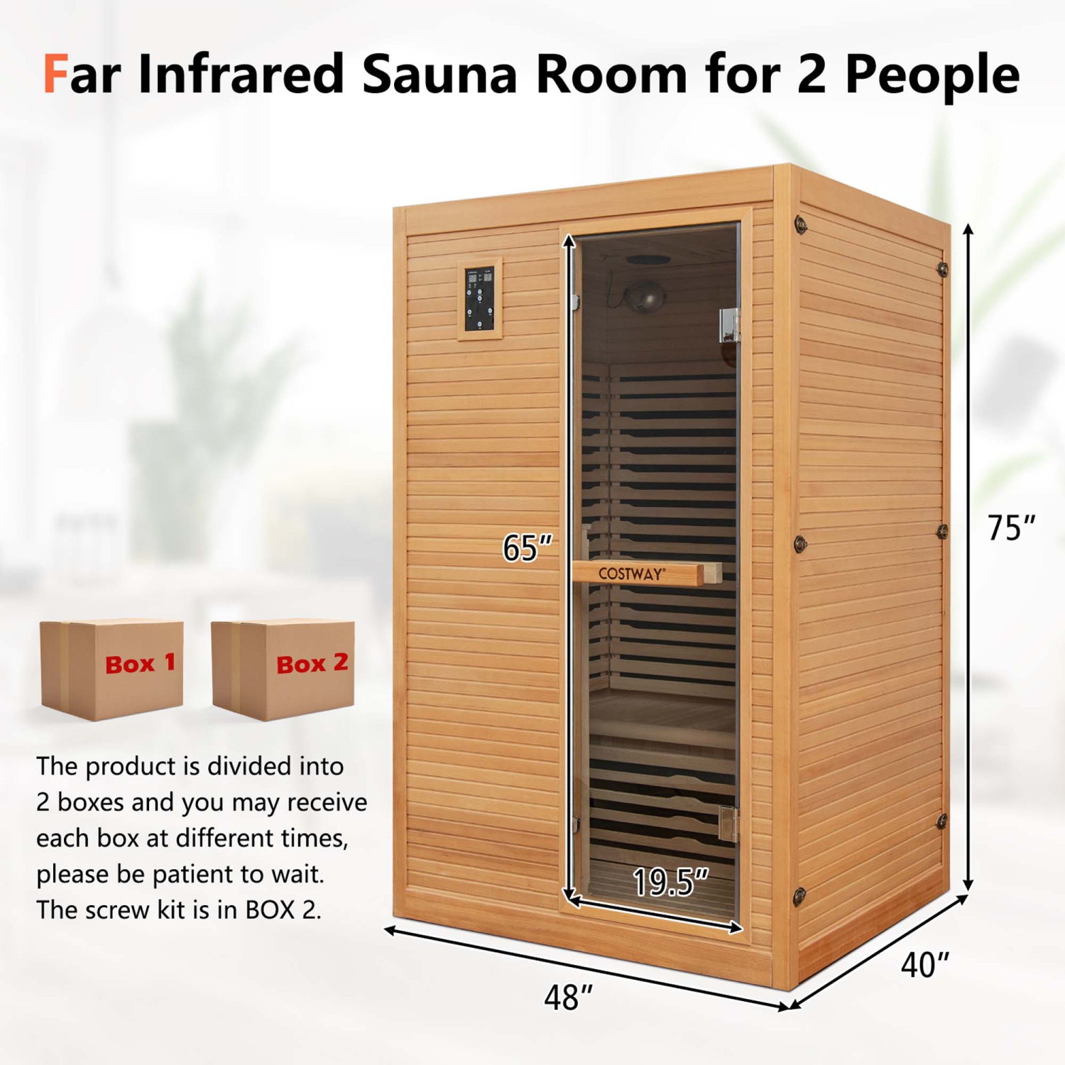 Salle de sauna en bois à infrarouge 2&nbsp;personnes de Costway avec haut-parleurs Bluetooth 4 bandes lumineuses sans luminothérapie rouge