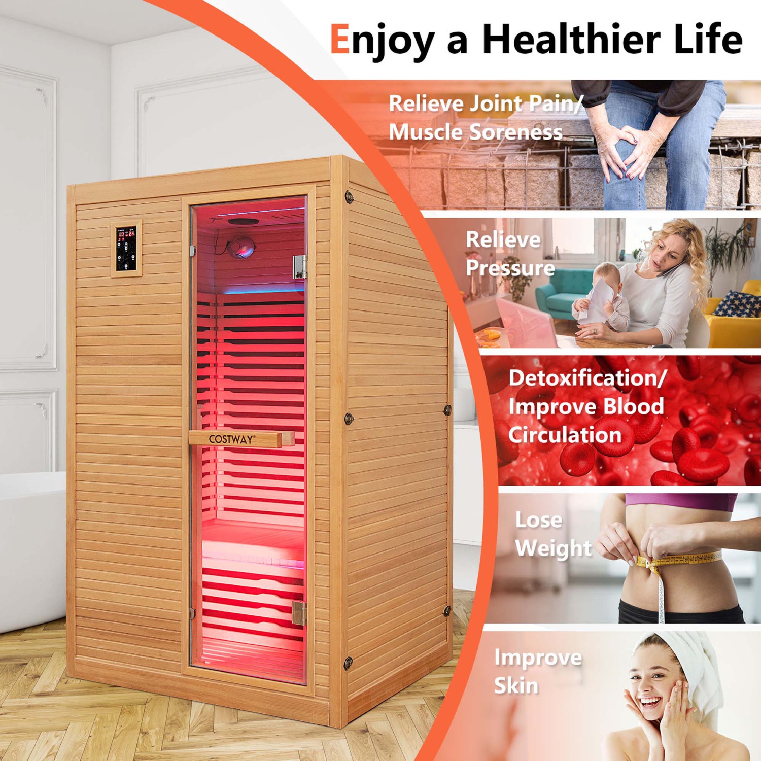 Salle de sauna en bois à infrarouge 2&nbsp;personnes de Costway avec haut-parleurs Bluetooth 4 bandes lumineuses sans luminothérapie rouge