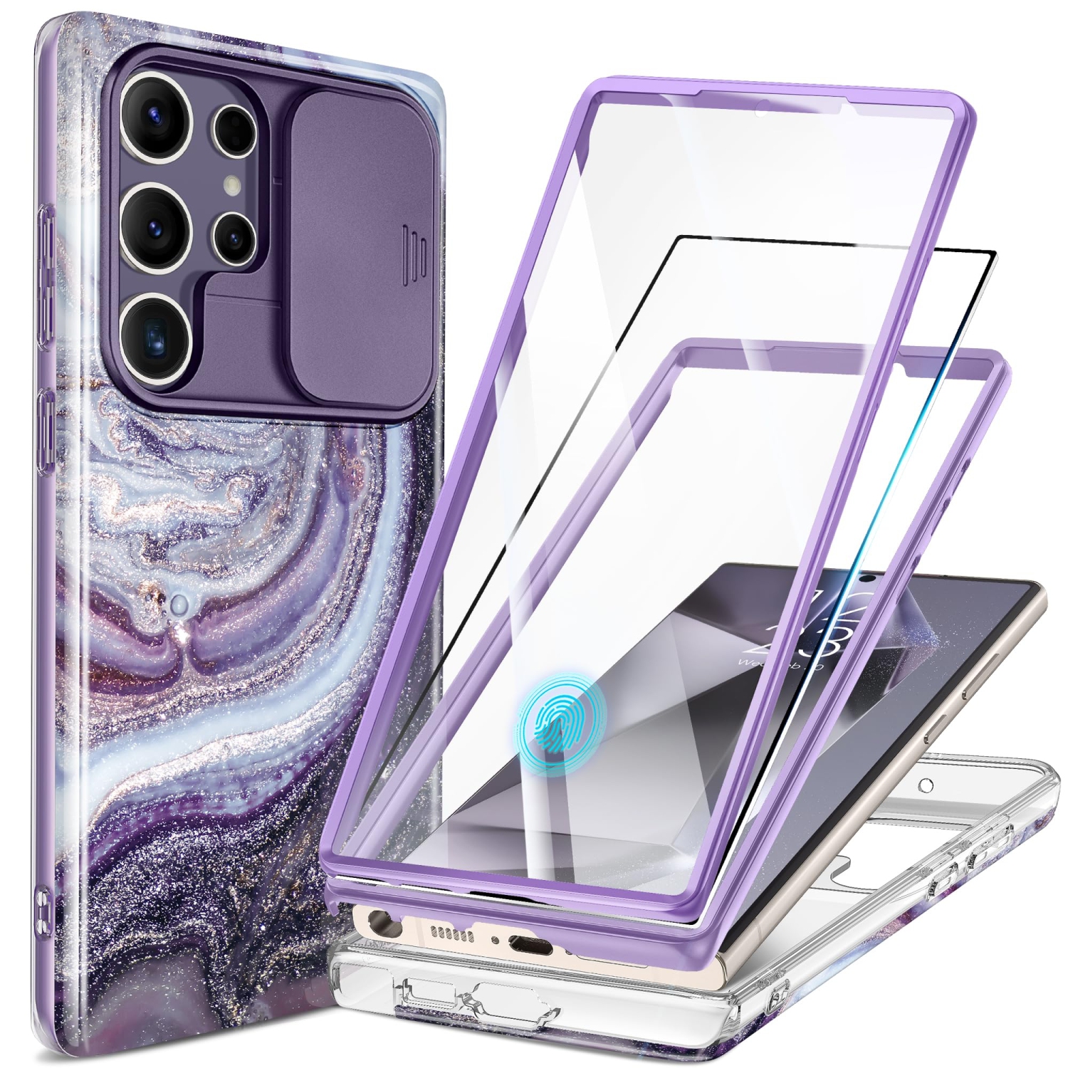 Samsung Galaxy S24 Ultra Case with Slide Camera Cover+Screen Protector, 2 Front Frames 360° Armor Fullbody Shockproof Bumper Protective Marble Case