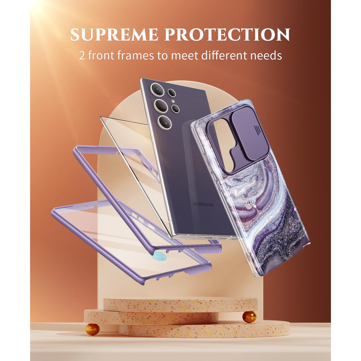 Samsung Galaxy S24 Ultra Case with Slide Camera Cover+Screen Protector, 2 Front Frames 360° Armor Fullbody Shockproof Bumper Protective Marble Case