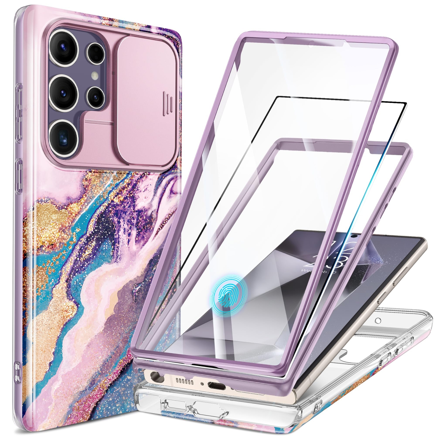 Samsung Galaxy S24 Ultra Case with Slide Camera Cover+Screen Protector, 2 Front Frames 360° Armor Fullbody Shockproof Bumper Protective Marble Case