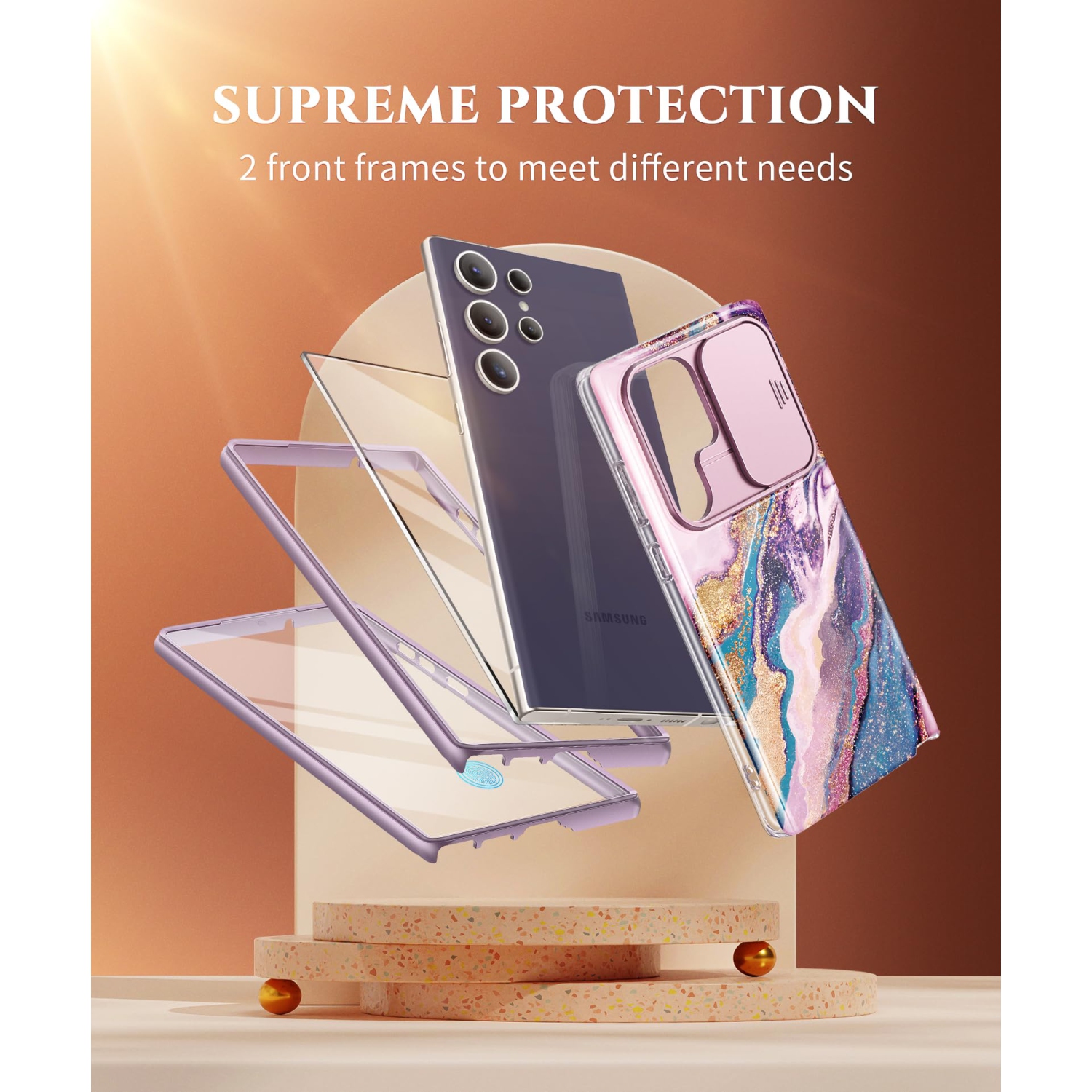 Samsung Galaxy S24 Ultra Case with Slide Camera Cover+Screen Protector, 2 Front Frames 360° Armor Fullbody Shockproof Bumper Protective Marble Case